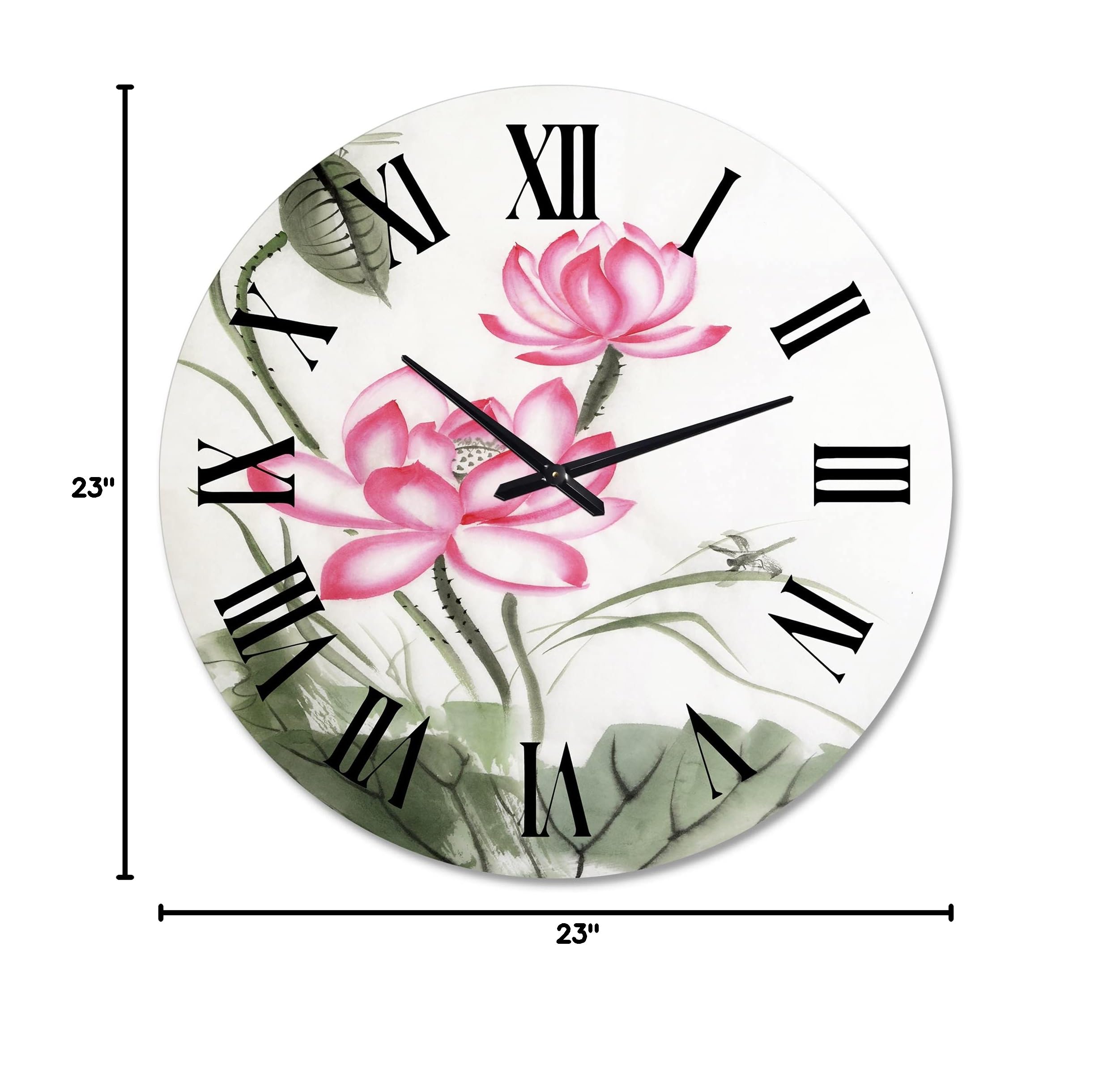 DesignQ Traditional Wall Clock 'Lotus and The Dragonfly I' - Large Floral & Botanical Wall Clock for Kitchen, Living Room, Bedroom Decor - Perfect for Home, Office, and Gift Giving
