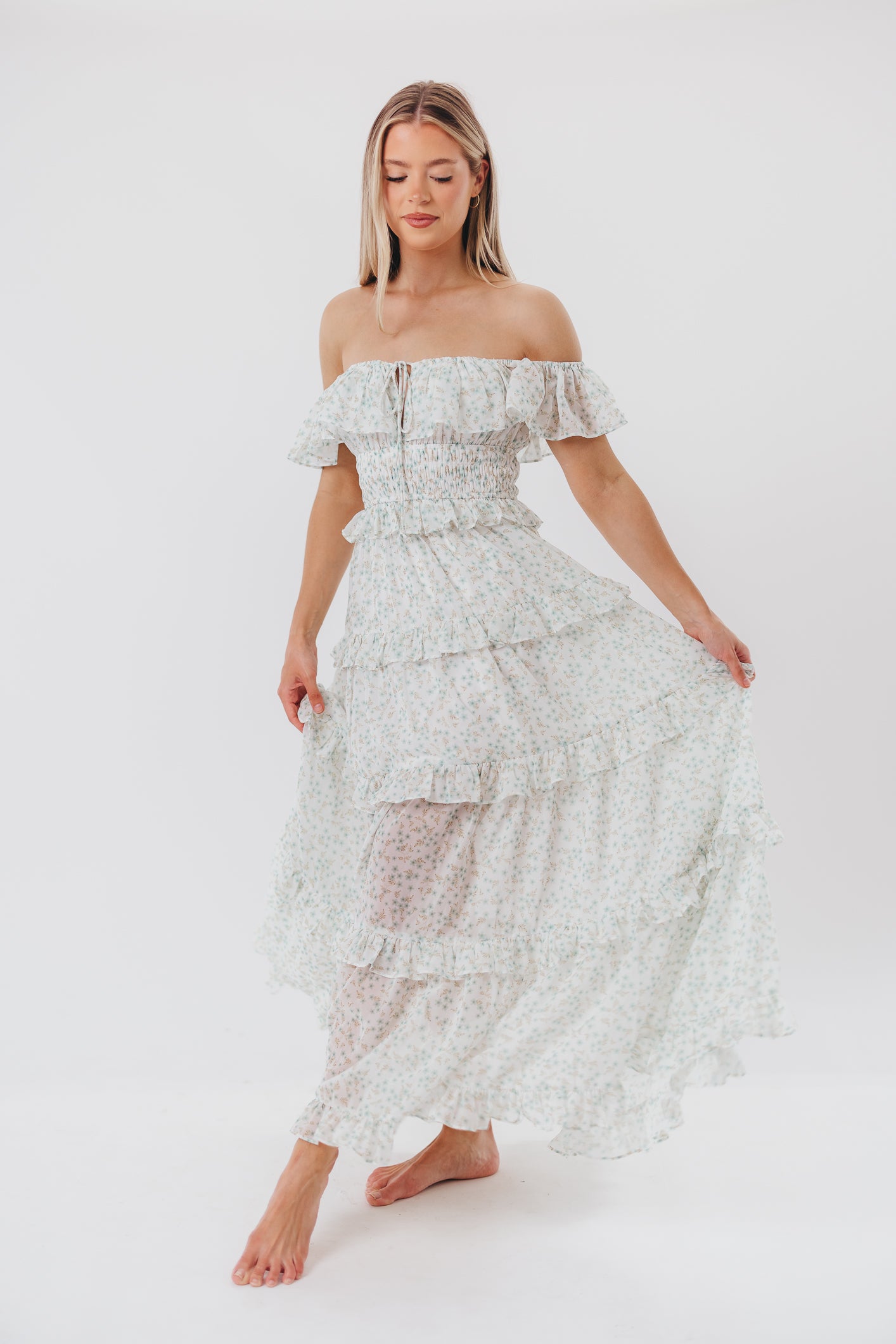 Astrid Ruffle Detail Maxi Dress in Sage Floral - Bump Friendly Maternity Dress for Pregnancy, Nursing & Special Occasions | Perfect for Baby Showers, Weddings & Summer Vacations