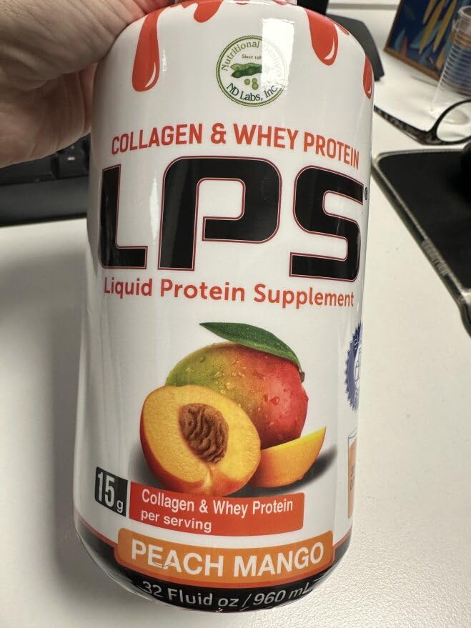 Nutritional Designs LPS Liquid Collagen & Whey Protein Powder - Sugar Free, Non-GMO Supplement Drink for Healthy Skin & Hair - Men & Women (Peach Mango Flavor) | Post-Workout Recovery & Beauty Boost