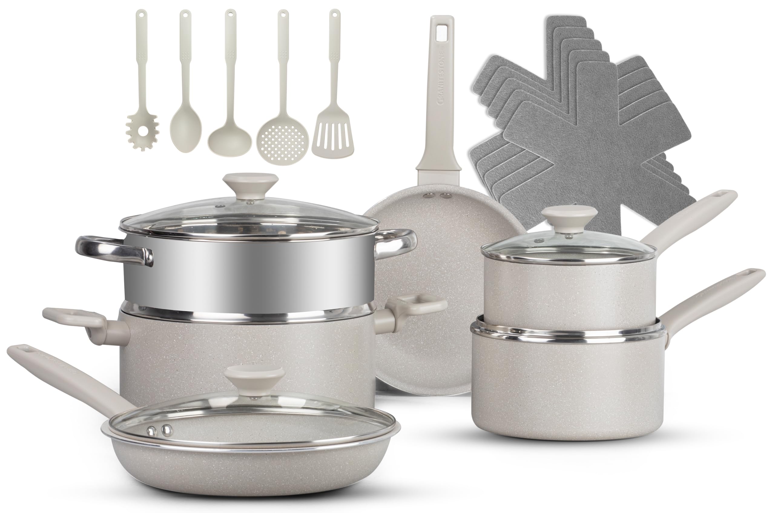 GraniteStone 20-Piece Nonstick Cookware Set - Pots & Pans with Lids, PFOA-Free Ceramic Coating, Dishwasher Safe - Perfect for Frying, Boiling & Everyday Cooking | Beige Kitchen Essentials