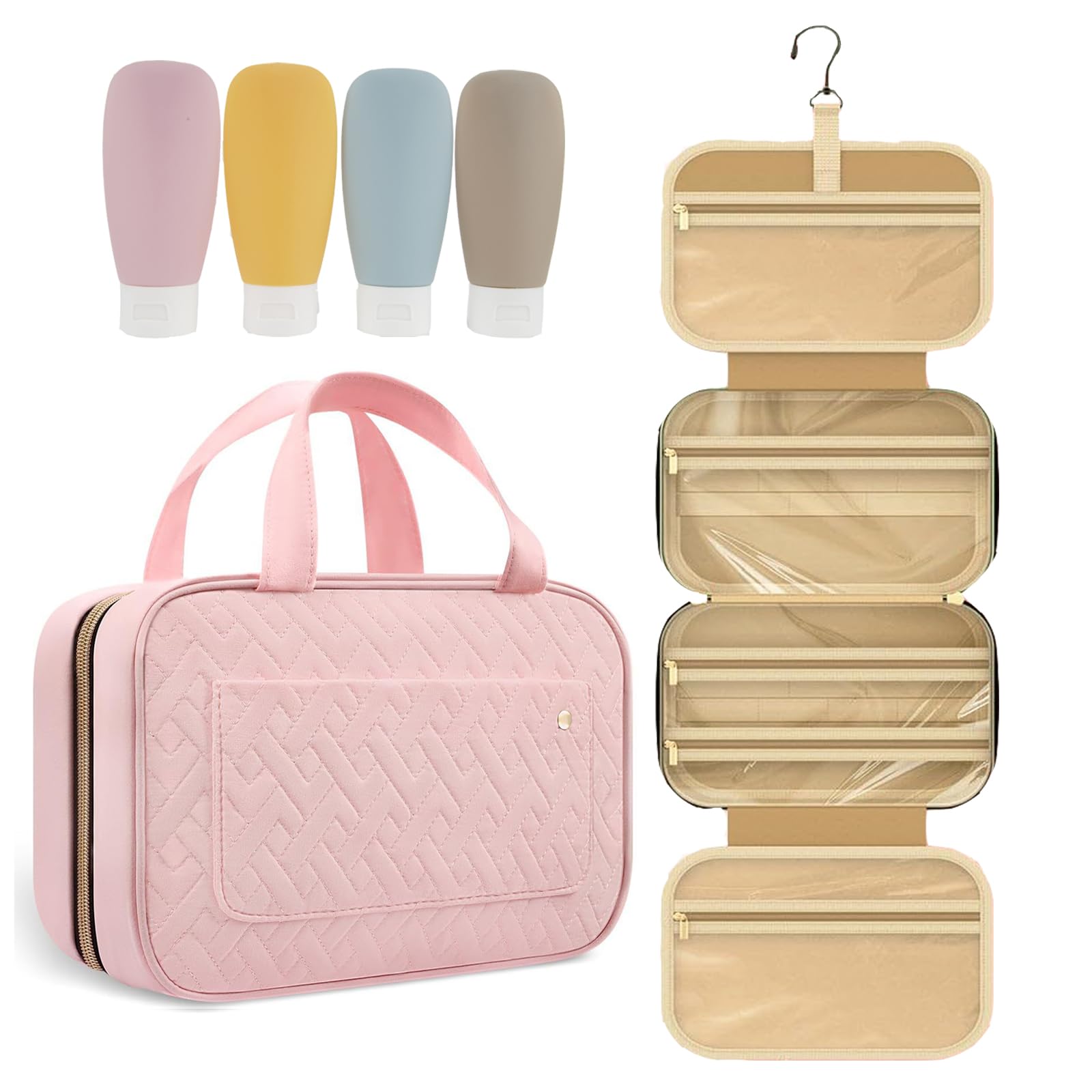 Waterproof Hanging Travel Toiletry Bag for Women with Leak-Proof Bottles - Pink Cosmetic Organizer for Makeup, Toiletries & Travel Essentials - Perfect for Airplane, Gym & Vacation Trips