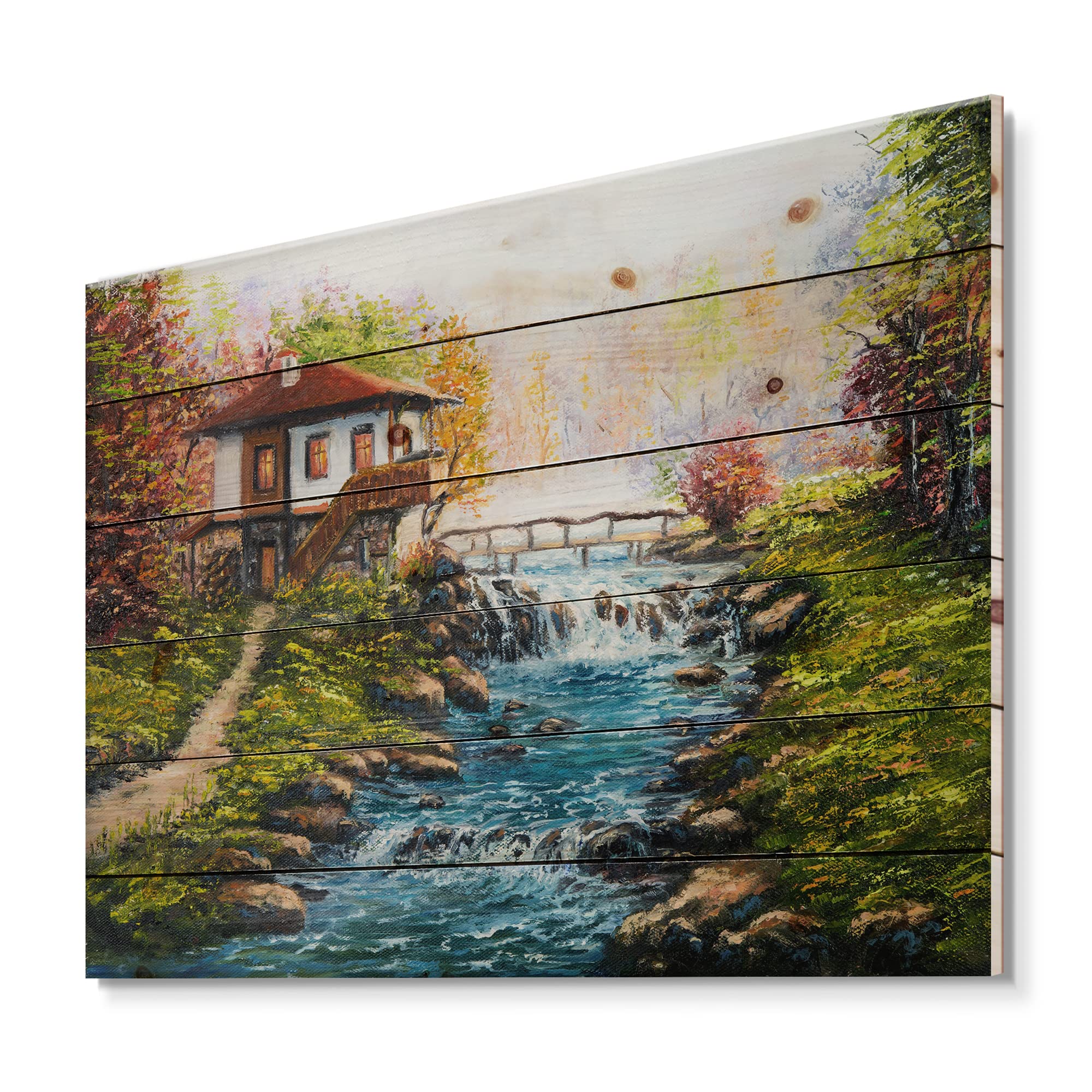 Traditional Bulgarian House & River Lake Wood Wall Decor - Blue Landscape Art Panel Printed on Natural Pine Wood - Perfect for Living Room, Bedroom & Office Decor