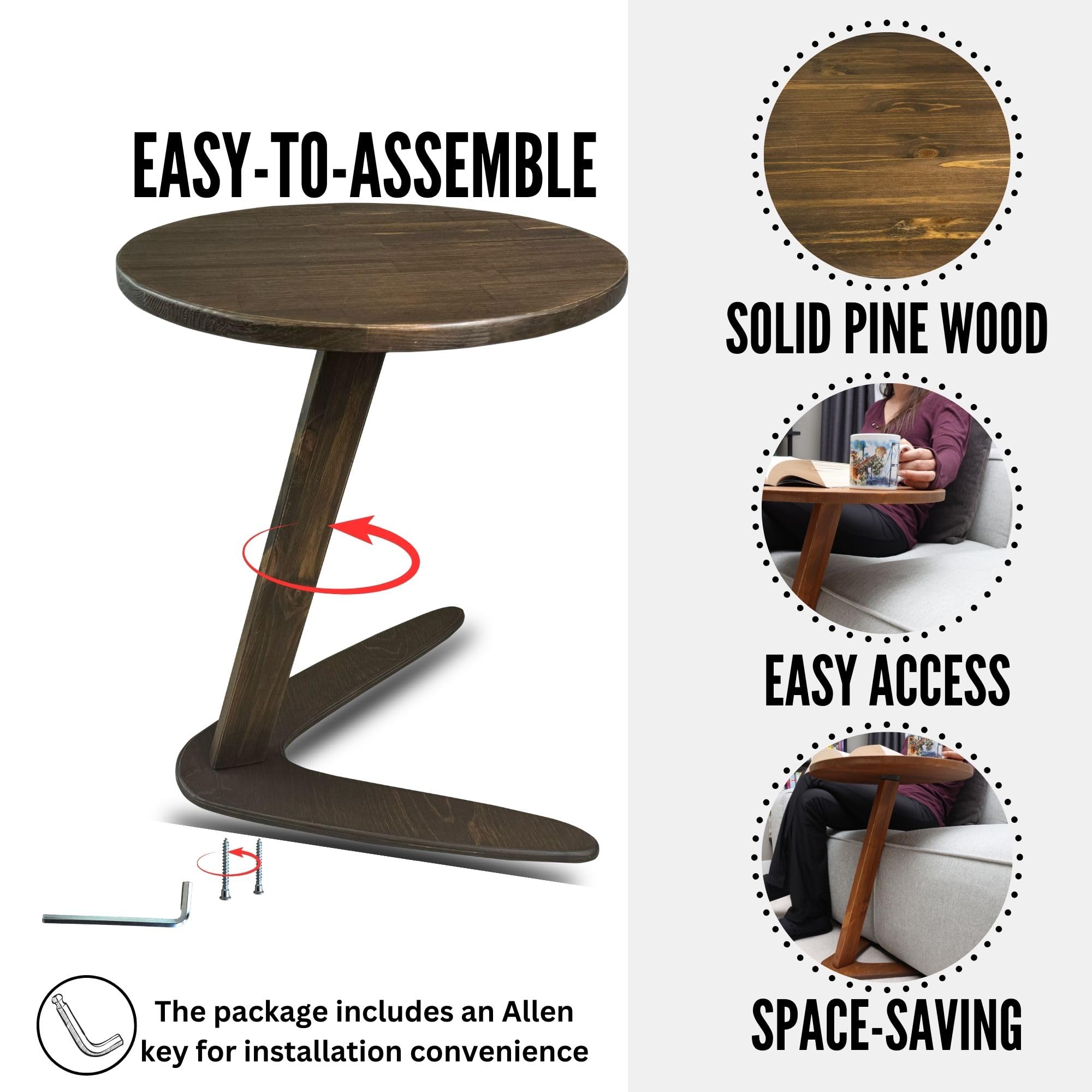 Handmade C-Shaped End Table - Dark Walnut Sofa Side Table with Slide-Under Design for Living Room | Space-Saving TV Tray, Coffee Table for Small Spaces | Perfect for Couches, Sectionals & Apartment Living
