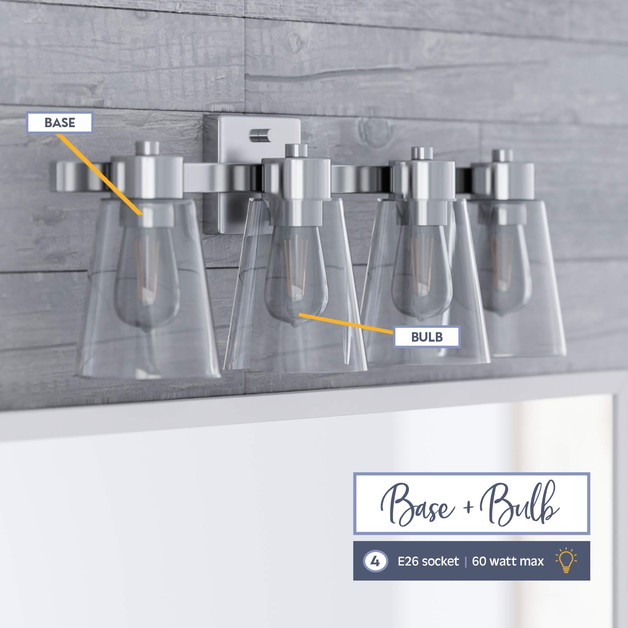Prominence Home Fairendale 4-Light Brushed Nickel Bathroom Vanity Light with Clear Glass Shades - 51528-01 | Modern Bathroom Lighting for Vanity Mirror, Powder Room & Makeup Area