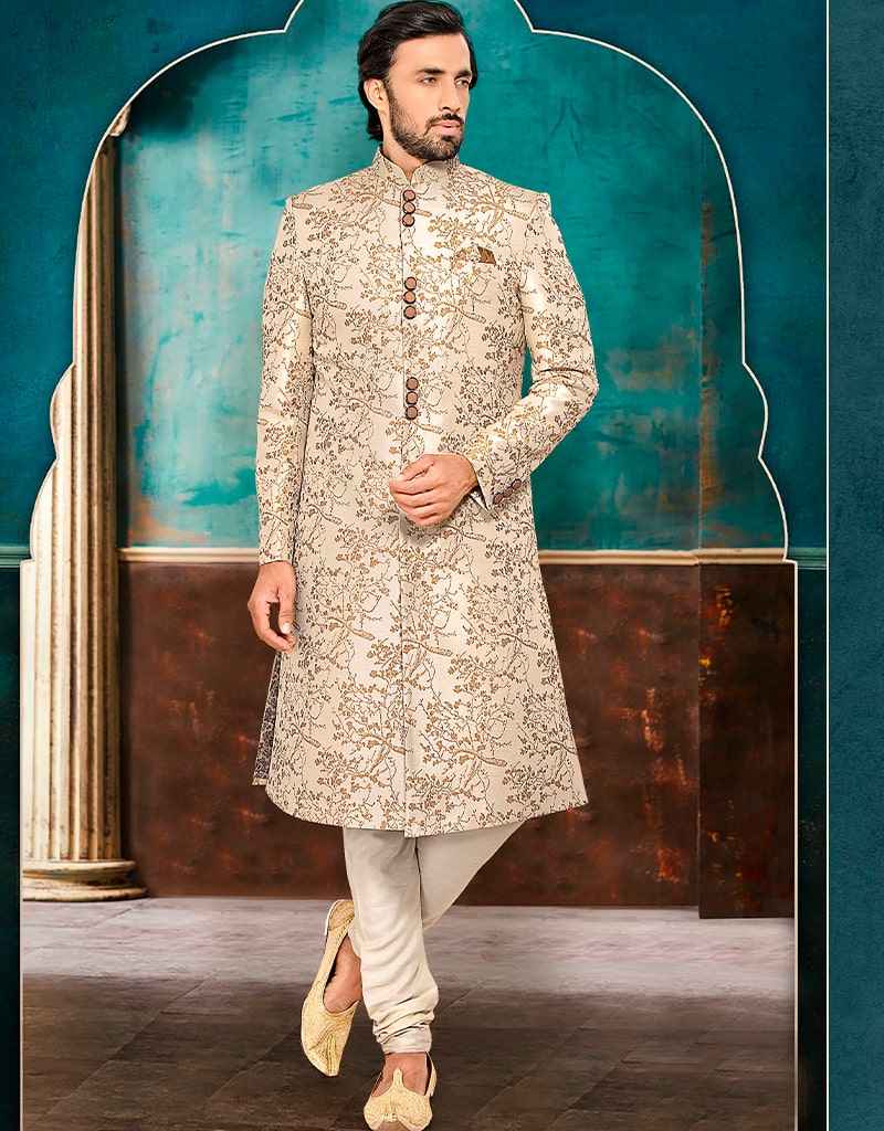 Elegant Beige Kurta with Brocade Design & Chudidar Set - Perfect for Festivals, Weddings & Ethnic Parties