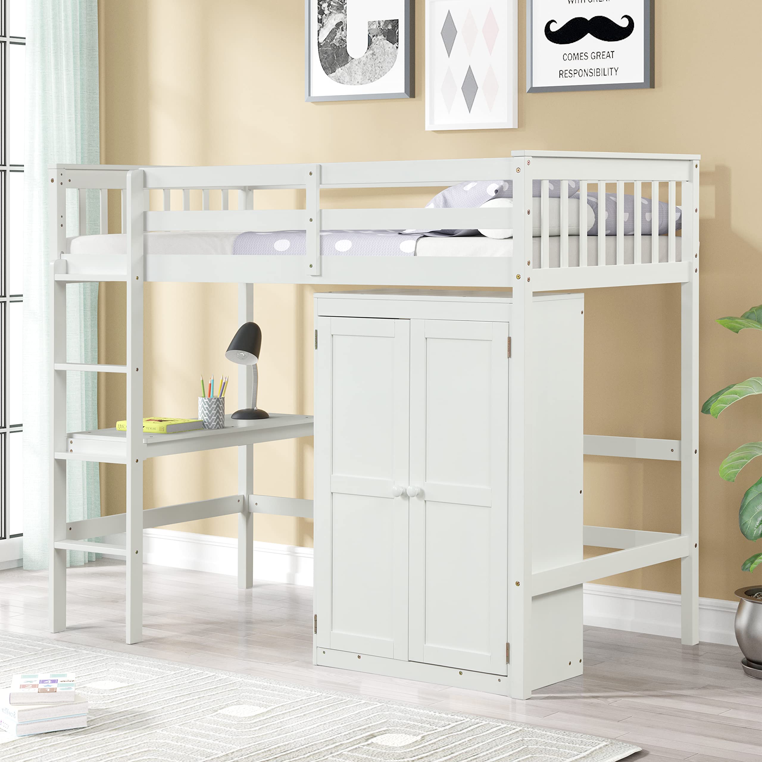 Harper & Bright Designs Twin Size Wood Loft Bed with Desk & Wardrobe - Space-Saving Study & Sleep Solution for Kids & Teens Bedrooms, Dorms & Small Spaces