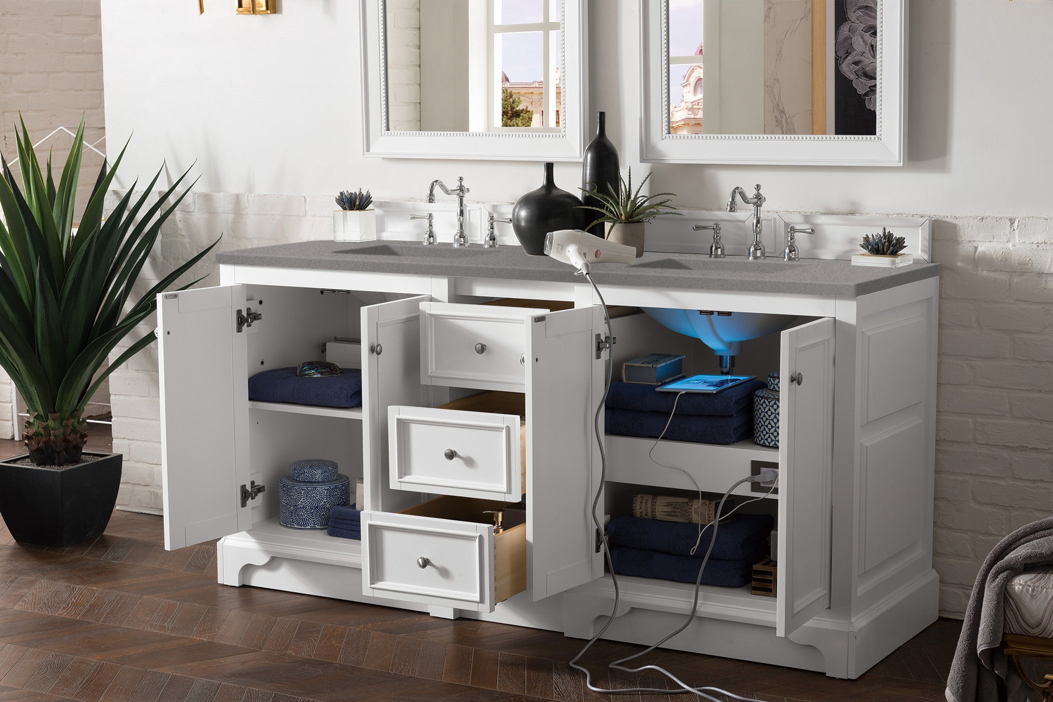 De Soto 72 Inch Double Vanity with 3CM Grey Expo Quartz Top - Bright White Bathroom Sink Cabinet for Modern Master Bath & Guest Bathroom
