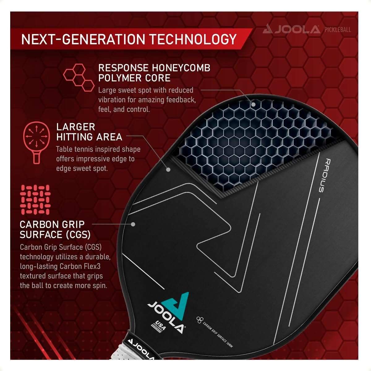 JOOLA Radius CGS 16 Pickleball Paddle - Carbon Graphite Surface | USAPA Approved | Lightweight & Durable for Competitive Play | Perfect for Indoor & Outdoor Court Games