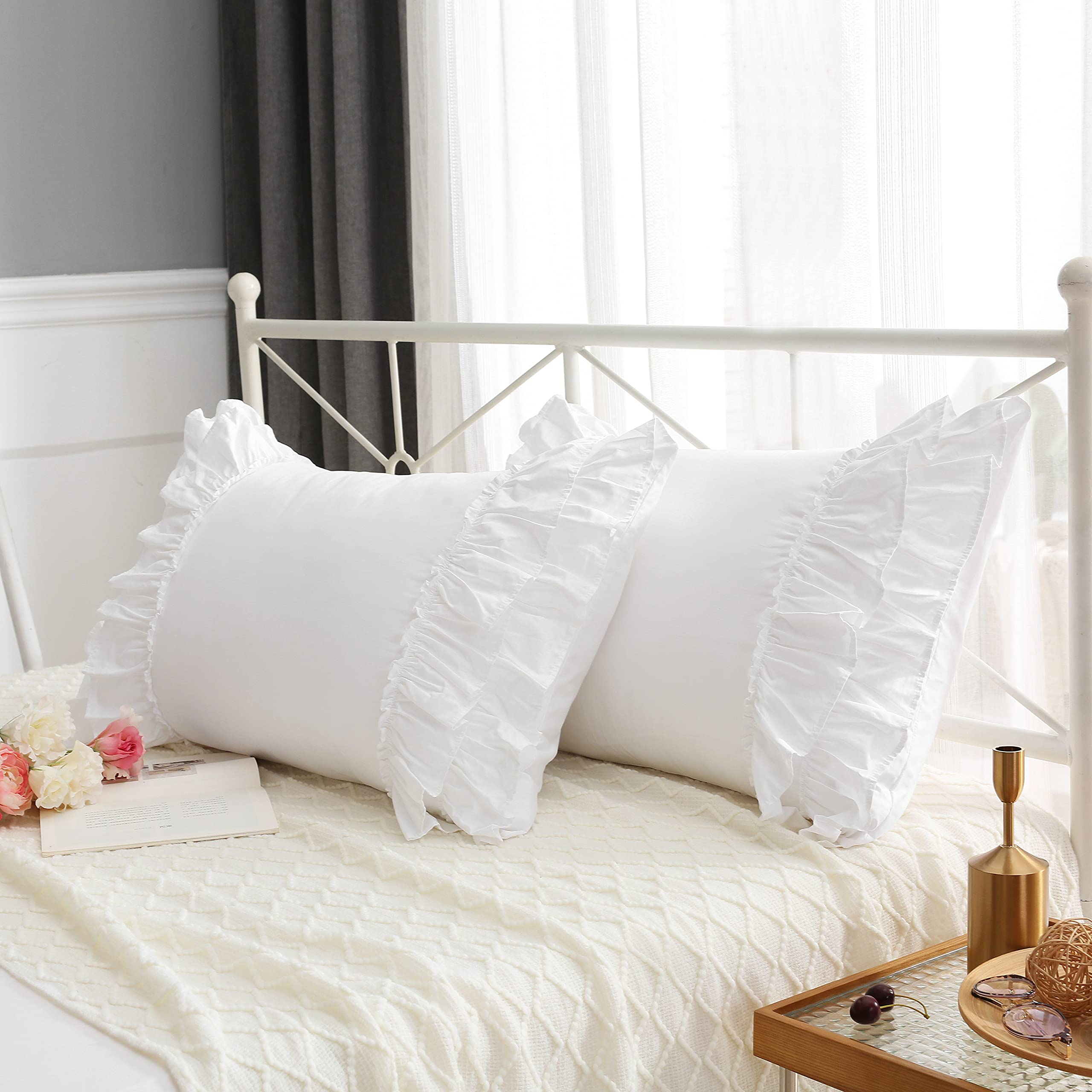 White Ruffles Pillow Shams Queen Size - 2 Pack 30x20 Inch Pure Cotton Ruffled Pillowcases & Covers for Bedroom Decor, Sofa Throw Pillows - Soft Luxury Bedding Accent for Master Bedroom, Guest Room or Living Room