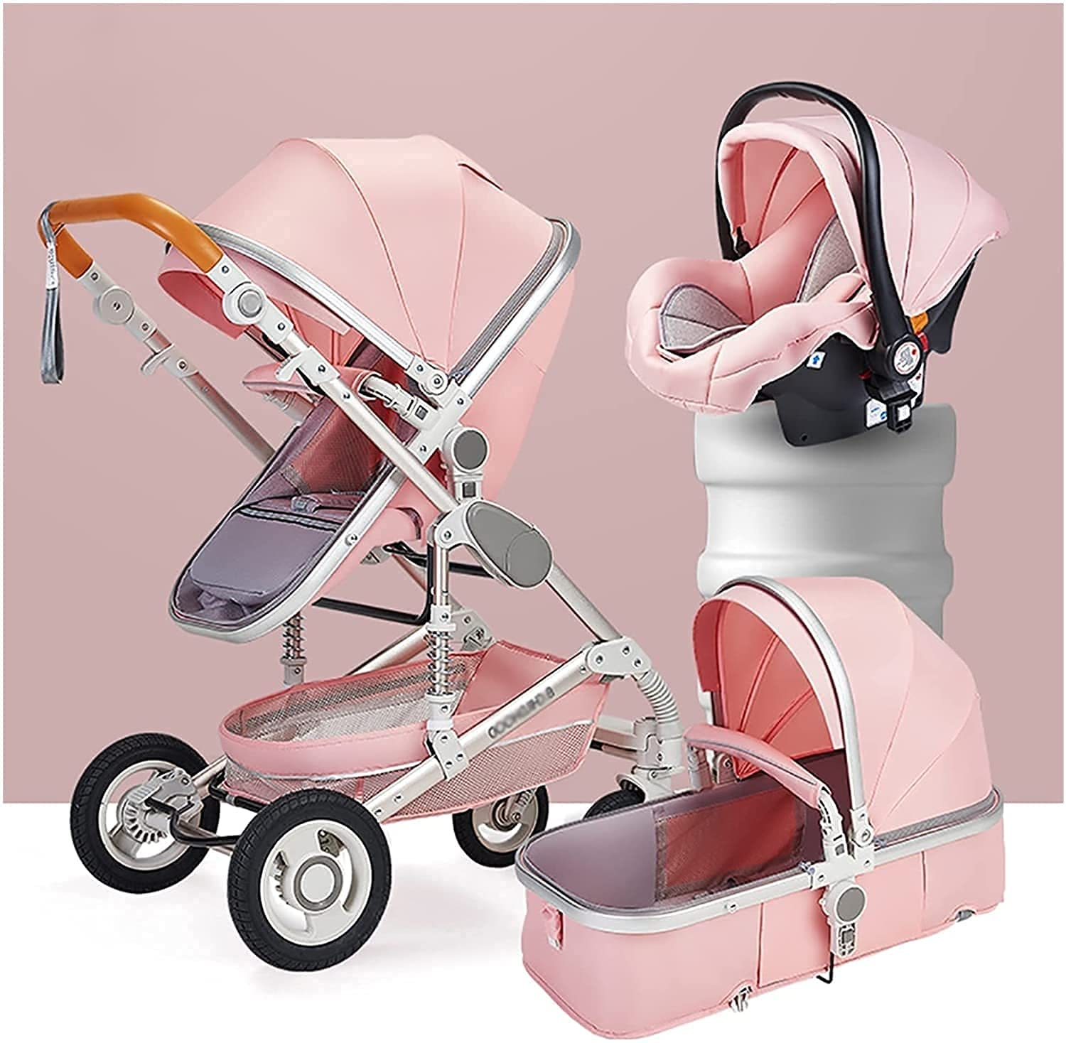 Luxury 3-in-1 Foldable Baby Stroller with Anti-Shock Springs & High View - Pink Pram Carriage with Storage Basket for Newborns & Toddlers | Perfect for Shopping, Travel & Daily Walks