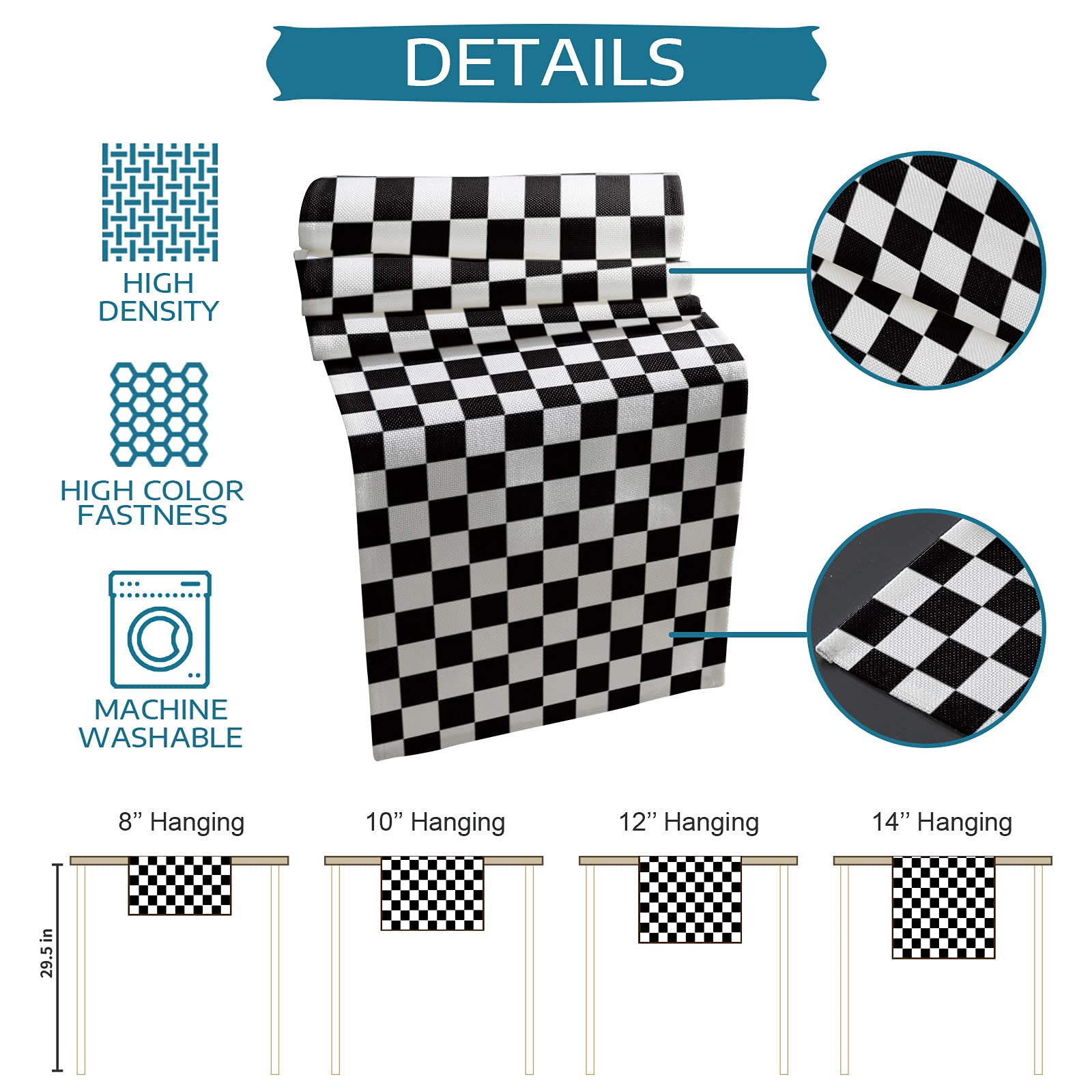 Burlap Linen Table Runner 36 Inch - Black and White Checkered Geometric Kitchen Dining Table Decor for Farmhouse, Wedding, Banquet | Perfect for Coffee Tables, Dressers, and Party Decorations