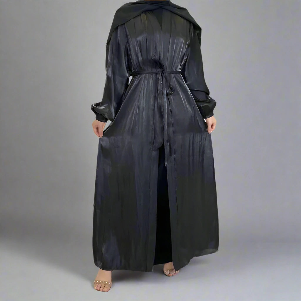 Elegant Bright Silk Satin Open Abaya Dress for Muslim Women - Perfect for Prayer, Special Occasions & Everyday Wear