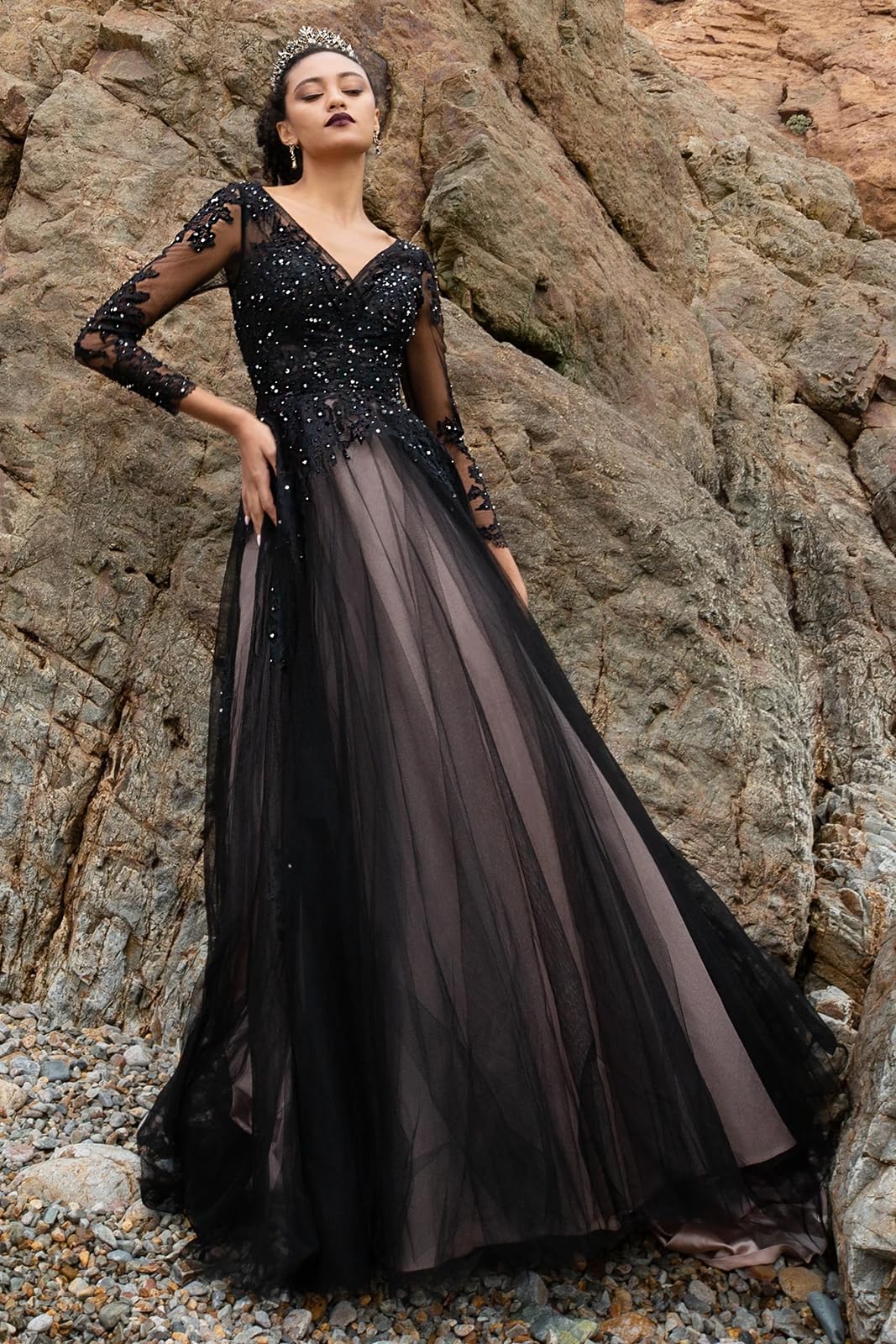 Elegant Black Long Sleeve Lace Wedding Dress for Women - Backless Bridal Gown with Appliques | Perfect for Gothic, Alternative, and Vintage Wedding Ceremonies