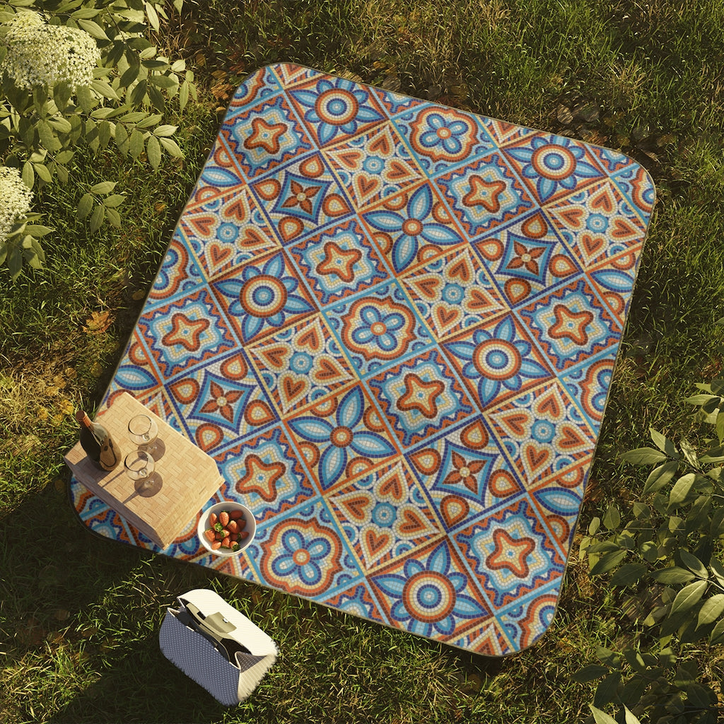 Waterproof Picnic Blanket with Mosaic Tile Pattern - Large Outdoor Beach Blanket for Park, Camping & Picnics - Portable with Carrying Strap - Perfect Gift for Outdoor Enthusiasts