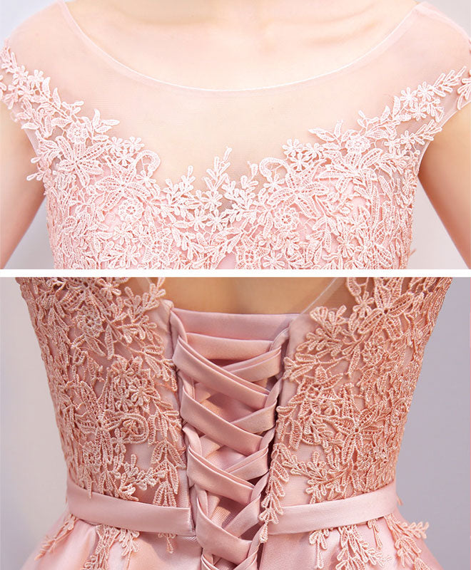 Elegant Pink High-Low Lace Prom Dress with Flowy Skirt | Formal Bridesmaid Gown for Weddings & Special Occasions | Perfect for Homecoming, Quinceañera & Evening Parties