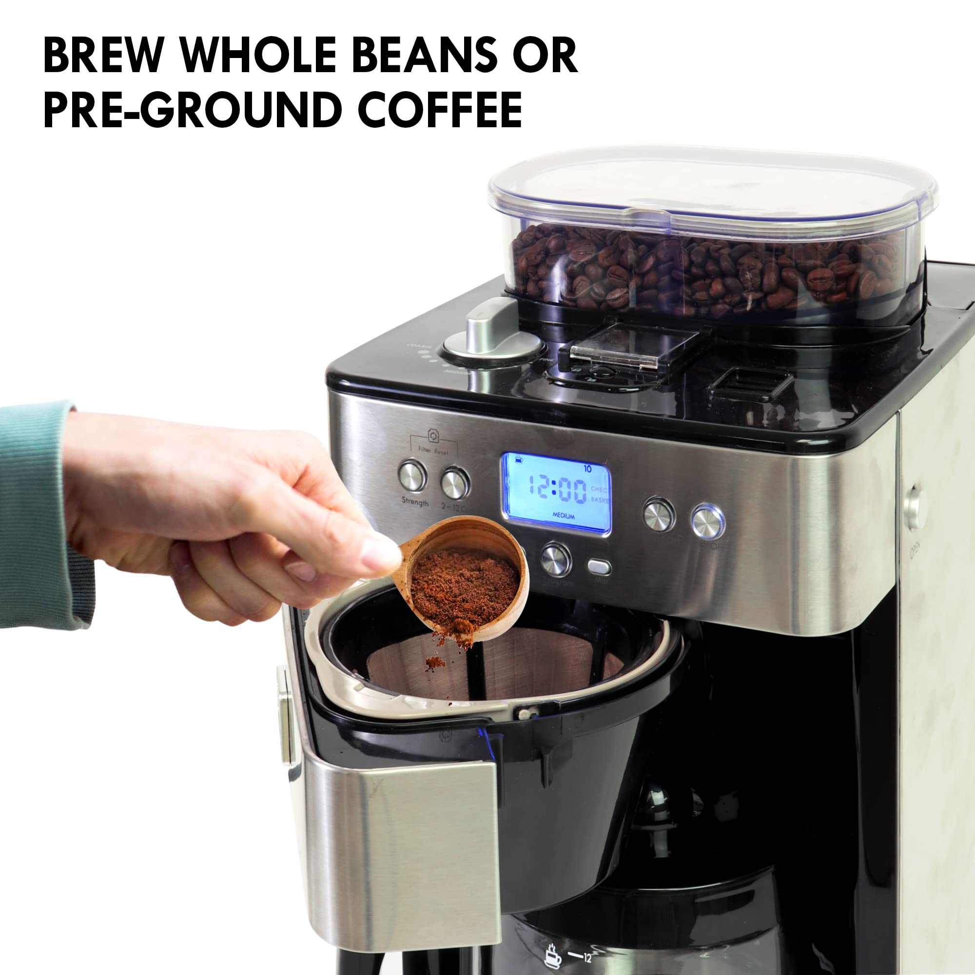 Kenmore Elite Grind and Brew Coffee Maker - 12 Cup Programmable Automatic Coffee Machine with Burr Grinder, Fresh Bean Hopper & Glass Carafe - Perfect for Home Kitchens, Offices and Small Cafés - Barista Style Coffee Maker for Espresso, Latte & Drip Coffee