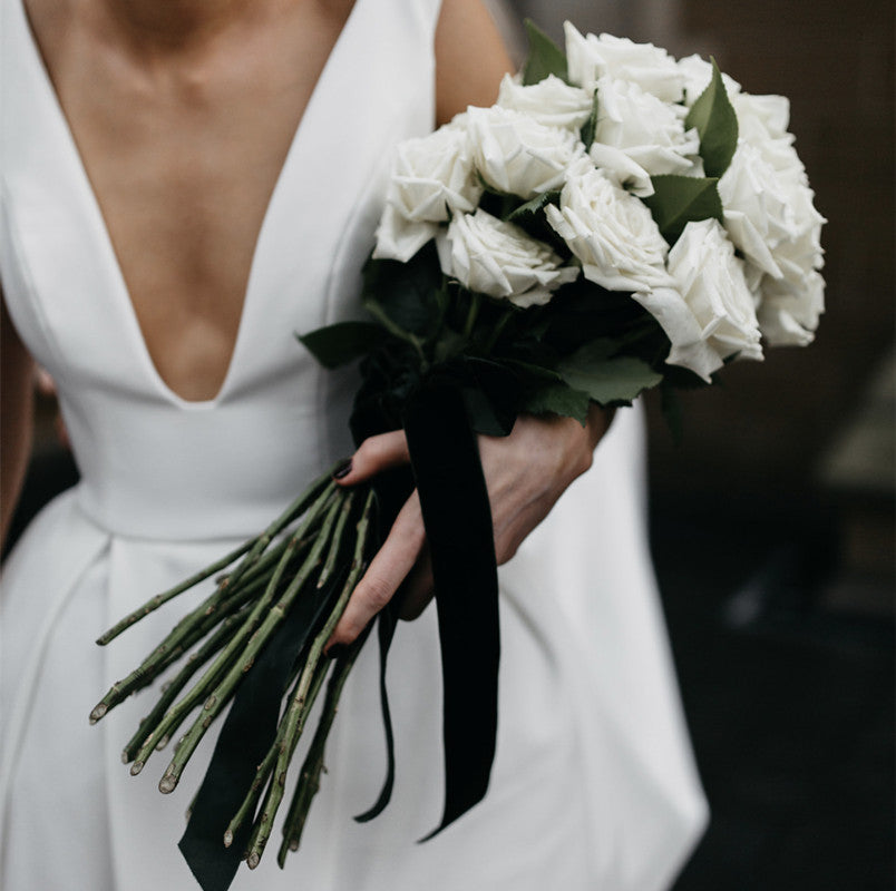 Elegant Long Satin Plunge Neck Beach Wedding Dress with High Leg Slit - Perfect for Beach Weddings, Destination Elopements & Tropical Bridal Photoshoots
