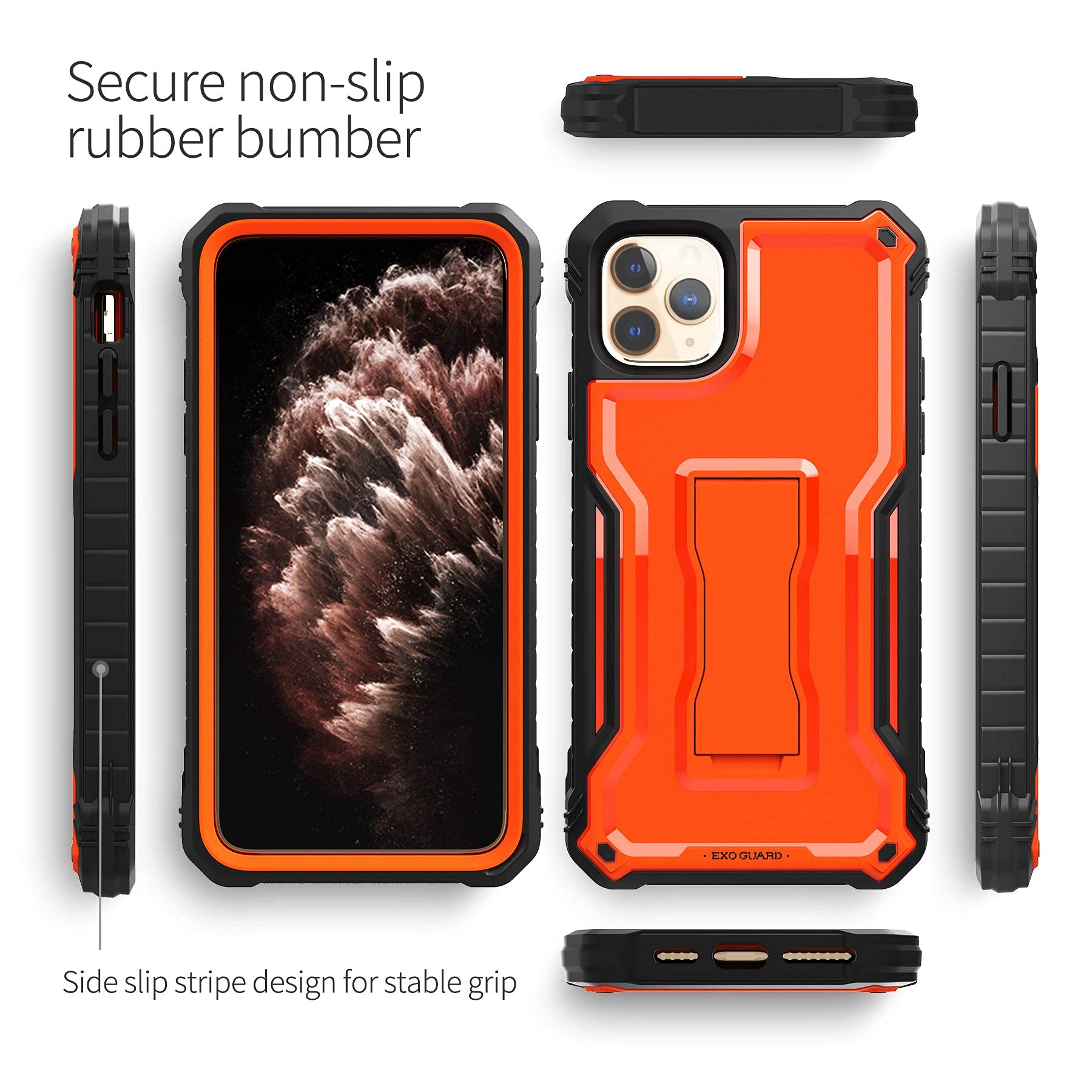 ExoGuard Shockproof Full-Body Case for iPhone 11 Pro Max - Rugged Protective Cover with Built-in Screen Protector & Kickstand (Orange) - Perfect for Outdoor Activities, Travel & Daily Protection