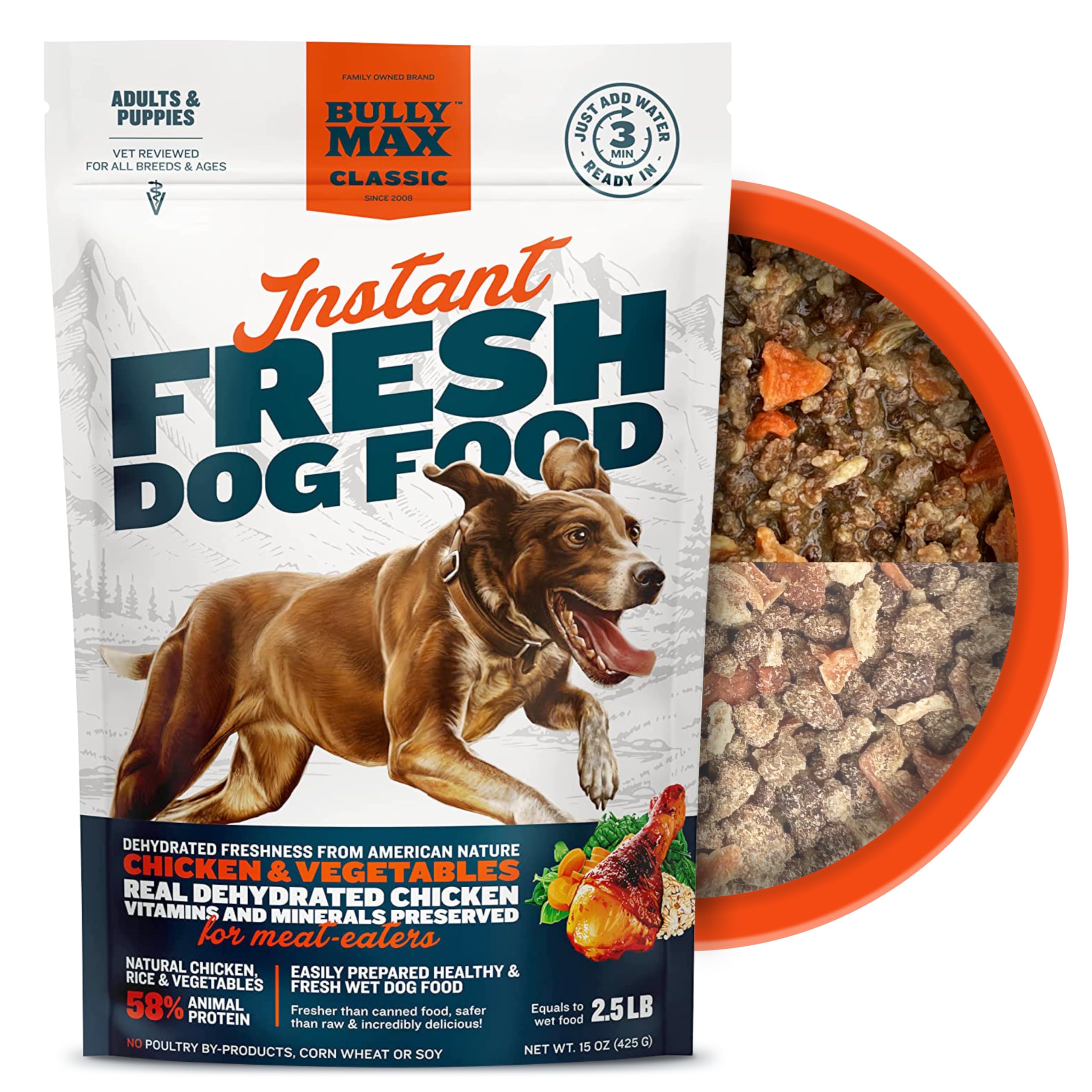 Bully Max Instant Fresh Wet Dog Food - High Protein Dehydrated Raw Dog Food with Natural Chicken Recipe - 15 oz Pouch (Makes 2.5 lbs) - Grain-Free, Vet Recommended for Puppies & Adult Dogs - Perfect for Travel, Camping & Emergency Pet Food Supply