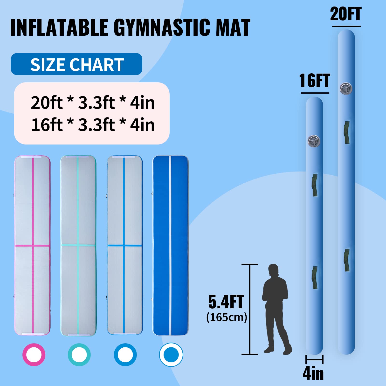 VEVOR 16ft Inflatable Air Gymnastic Mat - 4 Inch Thick Tumble Track with Electric Pump | Durable Training Mat for Home Gym, Cheerleading, Yoga & Water Play | Perfect for Backyard, Studio & Poolside Activities