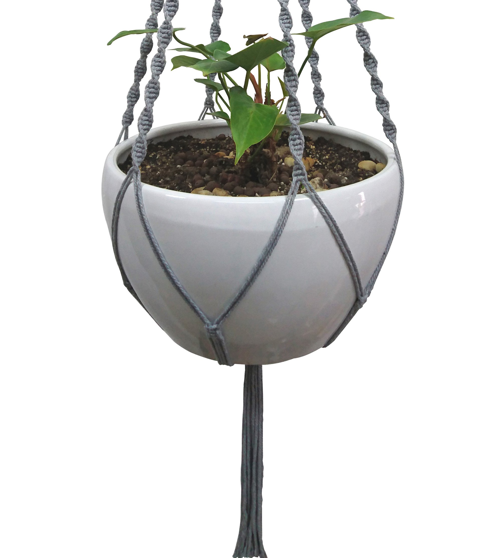 6-Leg Macrame Plant Hanger - 51 Inch Gray Cotton Hanging Basket Holder with Metal Ring for Indoor Plants | Boho Home Decor for Living Room, Bedroom, Porch & Patio