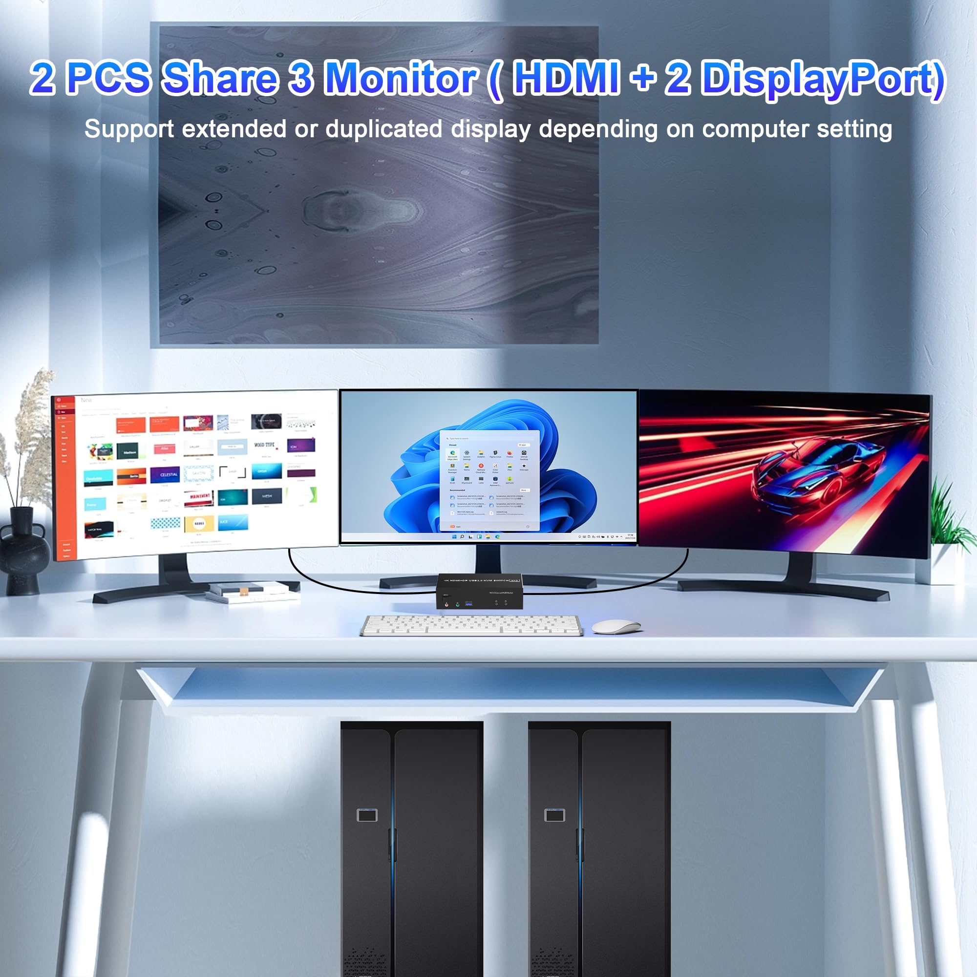 4K@60Hz KVM Switch for 2 Computers to 3 Monitors - HDMI & 2 DisplayPort USB 3.0 Triple Monitor Switcher with Audio/Mic Output & 3 USB Ports | Perfect for Home Office, Gaming Setup & Multi-PC Workstations