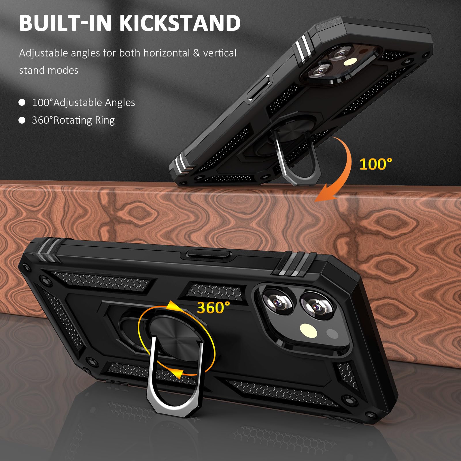 ADDIT Shockproof iPhone 12 Mini Case with Ring Holder Stand & Magnetic Car Mount - Military Grade Heavy Duty Protective Cover for iPhone 12 Mini (Black) - Perfect for Outdoor Activities, Work & Daily Use