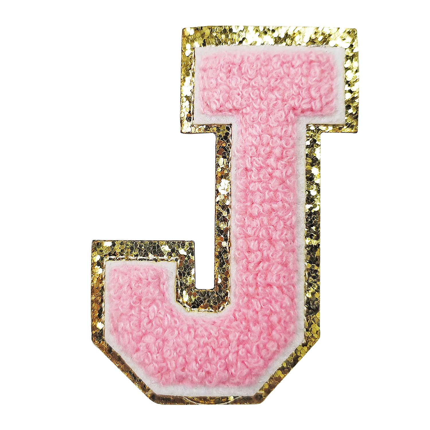3 PCS Gold Glitter & Pink Chenille Iron-On Letter Patches - Varsity Initials for Team Costumes (3.1in Height) | DIY Jacket, Backpack & Denim Decoration | Adhesive Sticker for Personalized Clothing & Accessories