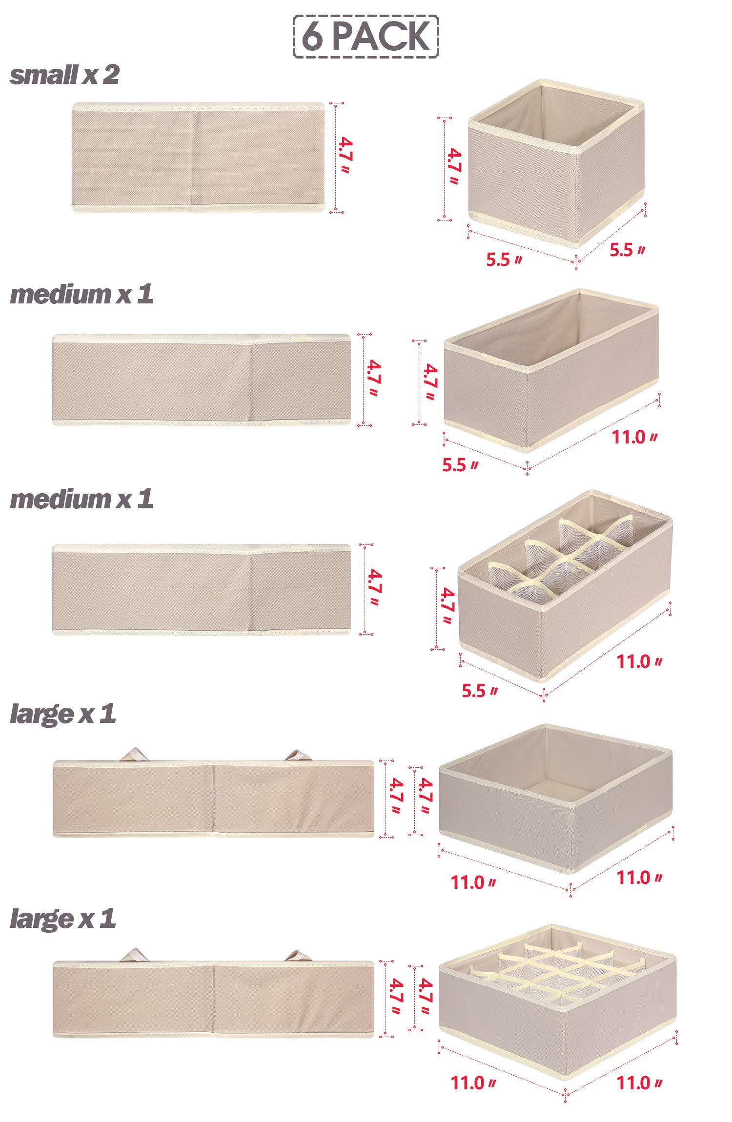 6-Pack Foldable Fabric Drawer Organizers - Closet Storage Boxes for Underwear, Bras, Socks & Baby Clothes | Space-Saving Dresser Dividers & Nursery Organization Solutions | Beige Cloth Bins for Home & Office Use