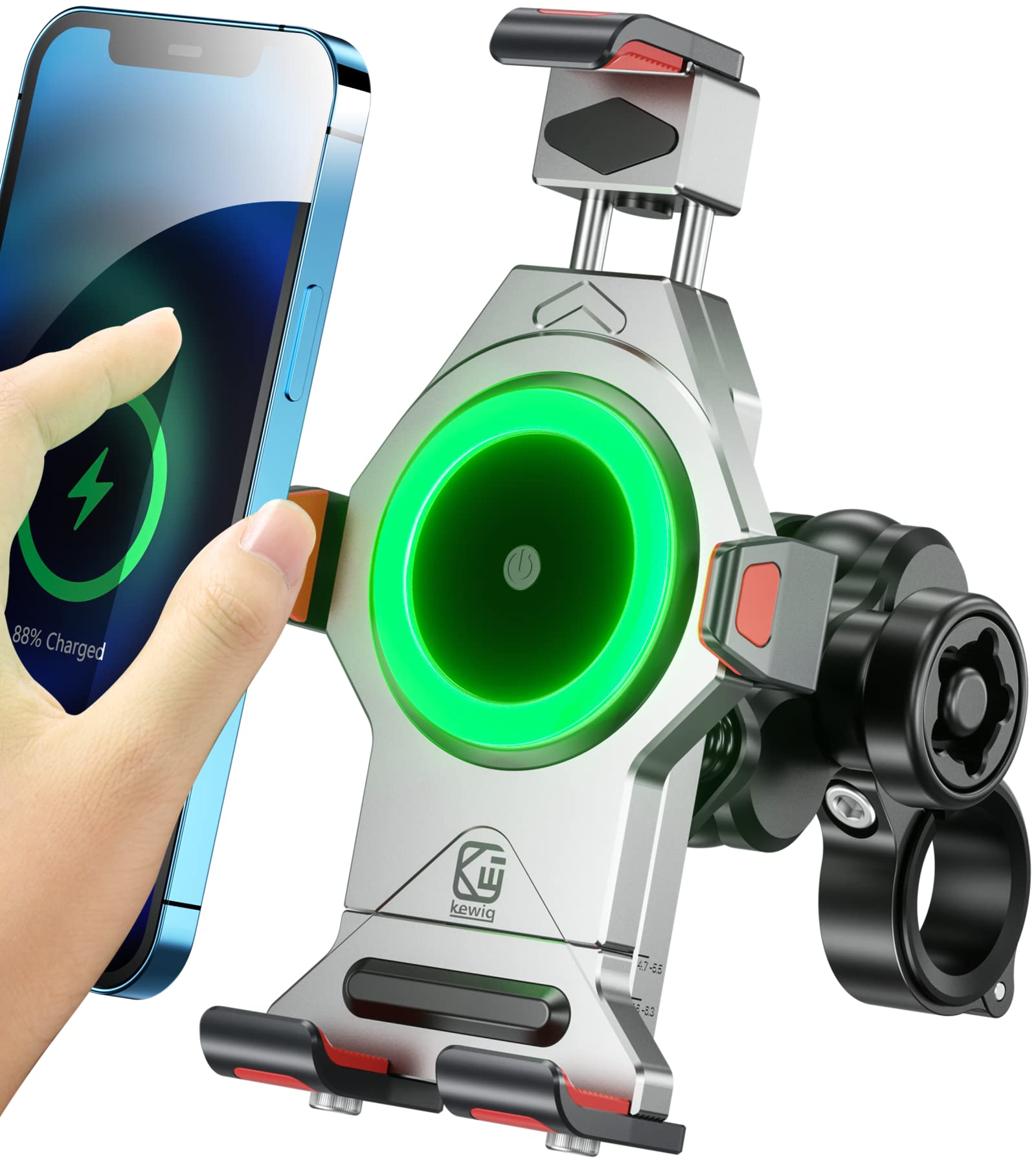 BRCOVAN Motorcycle Phone Mount with 15W Qi Wireless Charger & Vibration Dampener - Aluminum Alloy Anti-Theft Waterproof Handlebar Smartphone Holder for 4.7