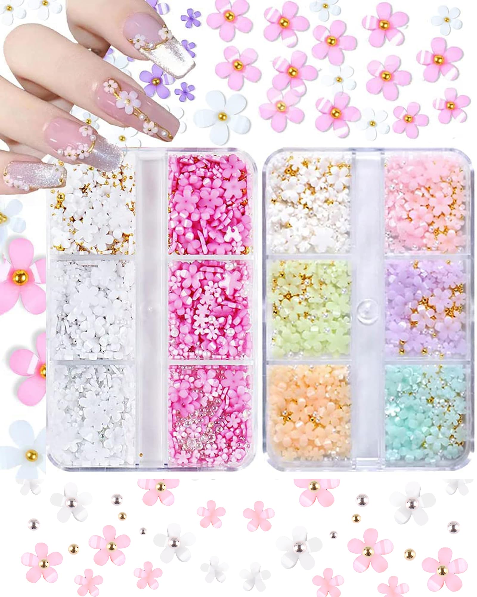 3D Cherry Blossom Nail Charms with Rhinestones & Pearls - DIY Acrylic Nail Art Kit for Spring Manicures - Nail Salon Supplies (2 Boxes) - Perfect for Bridal Nails, Party Manicures & Nail Art Enthusiasts