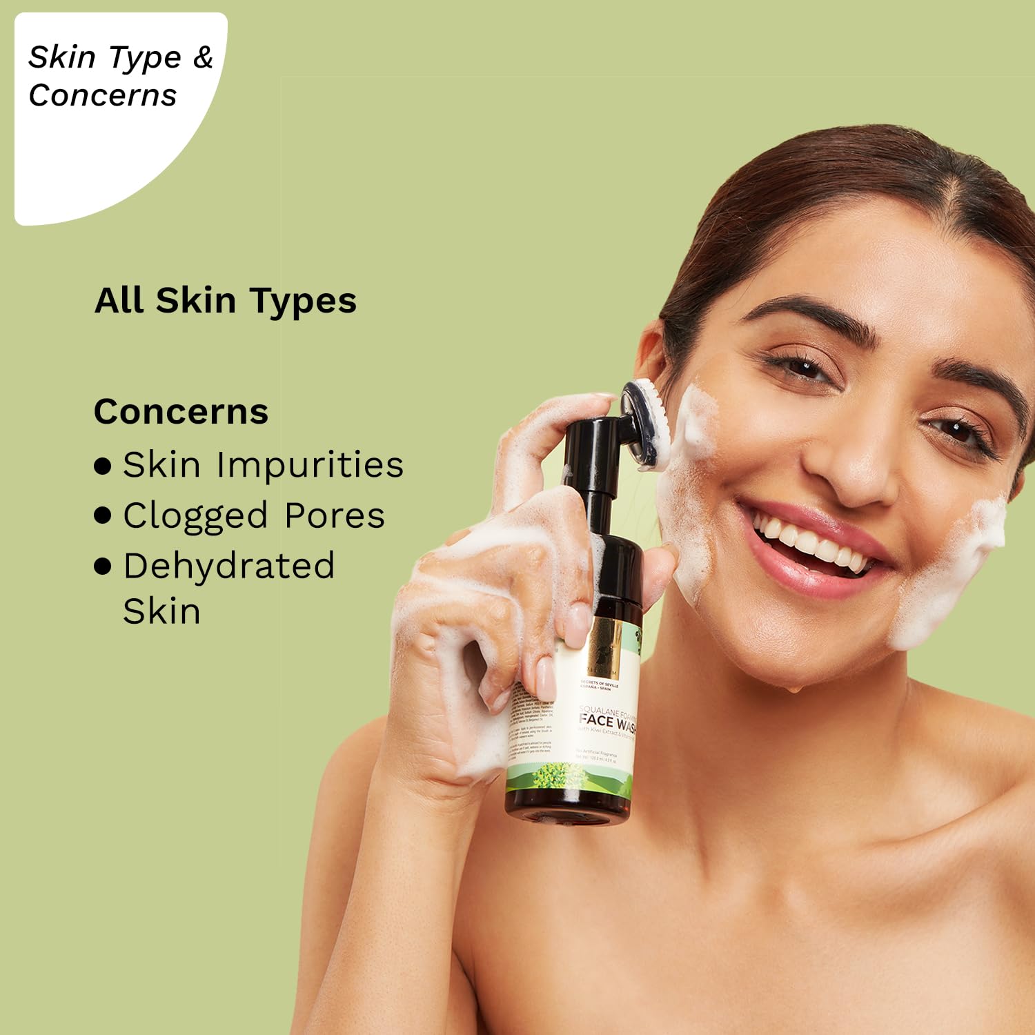 PILGRIM Spanish Squalane Foaming Face Wash with Kiwi Extracts & Aloe - Hydrating Facial Cleanser for Dry & Combination Skin | Gentle Non-Drying Formula with Brush | Suitable for Men & Women | 120ml | Perfect for Daily Skincare Routine & Travel