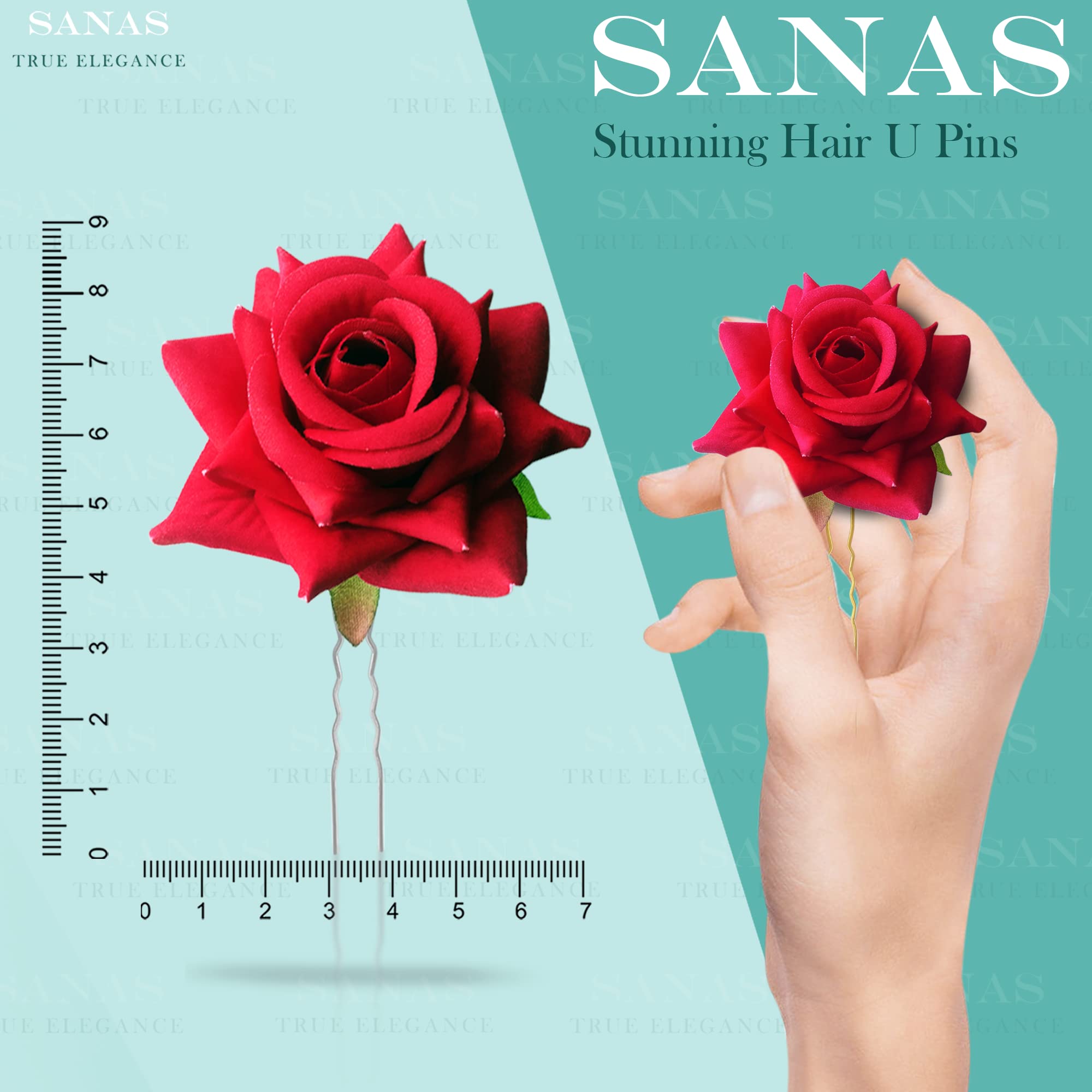Sanas Floral Hair Clips Set of 4 - Red Rose Hair Accessories for Women, Wedding Hair Pins with Artificial Flowers, Decorative Hair Clips for Bridal, Prom, Party and Special Occasions