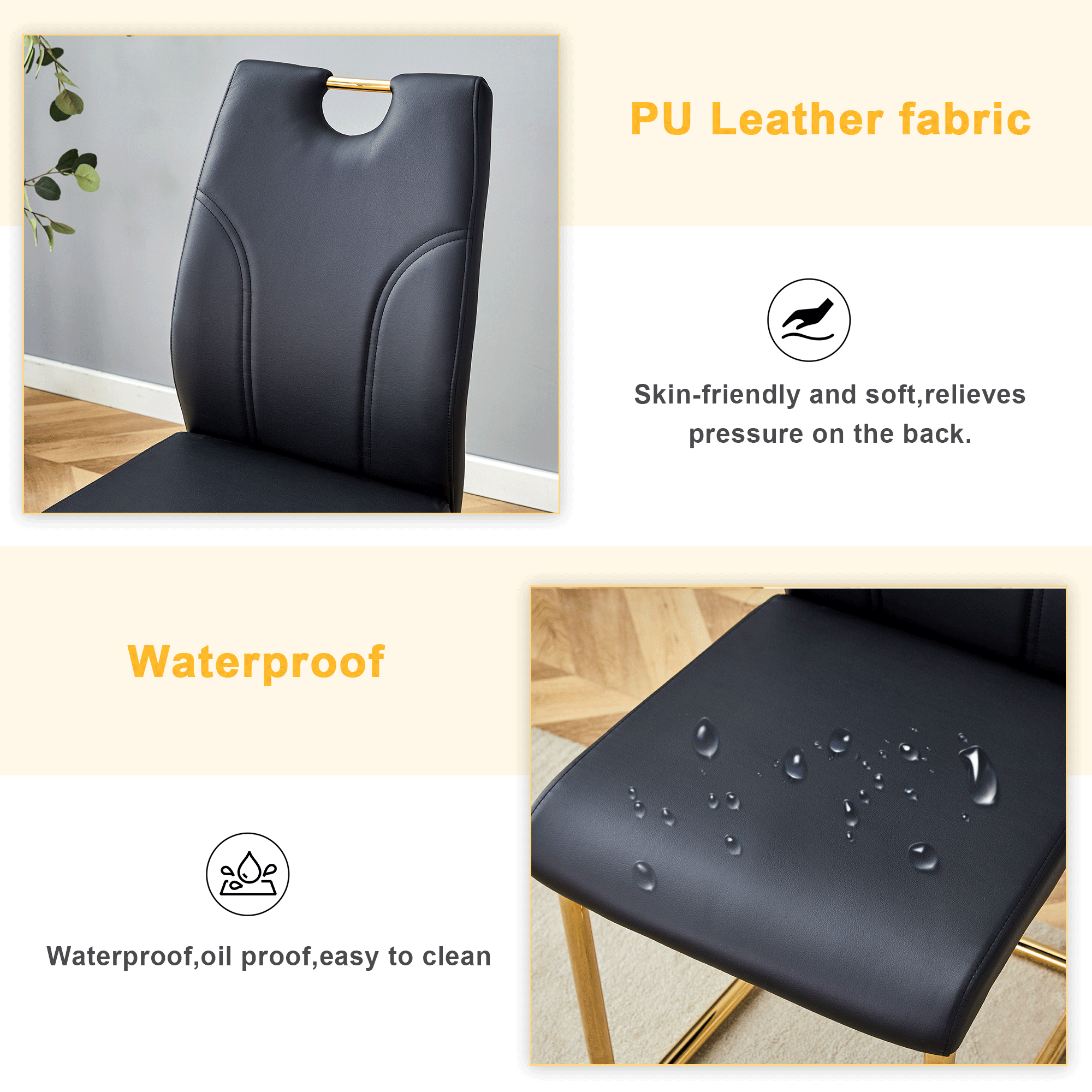 Modern Black PU Dining Chairs Set of 6 - Elegant Gold Metal Legs, Waterproof & Durable for Kitchen, Restaurant, Office - Perfect for Dining Room, Conference Room & Home Decor
