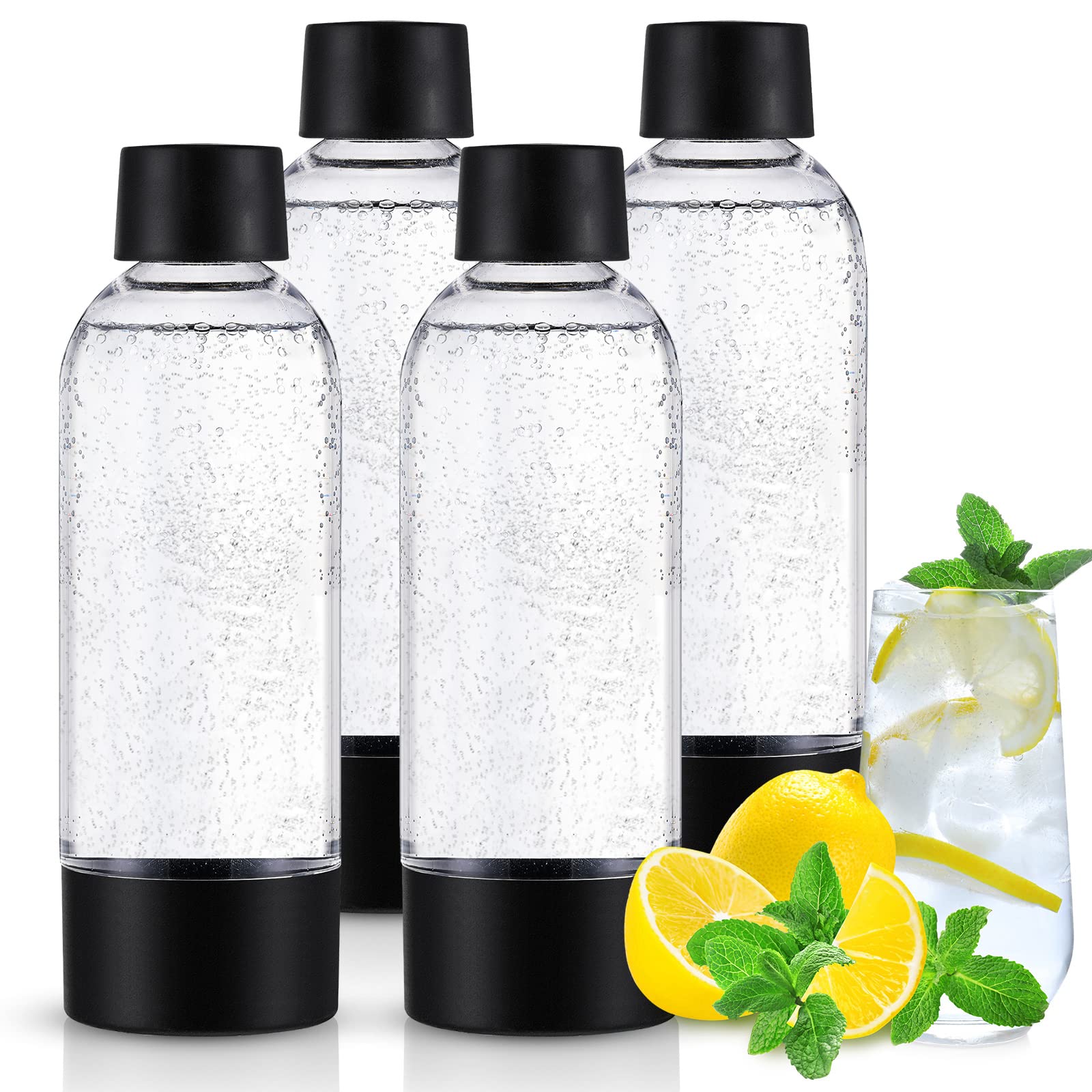 Meekoo 4-Pack 1 Liter Clear Plastic Soda Carbonating Bottles - Compatible with iSoda & Drinkmate Soda Makers - Perfect for Home, Kitchen, Parties & Making Sparkling Water, Flavored Drinks & Cocktails