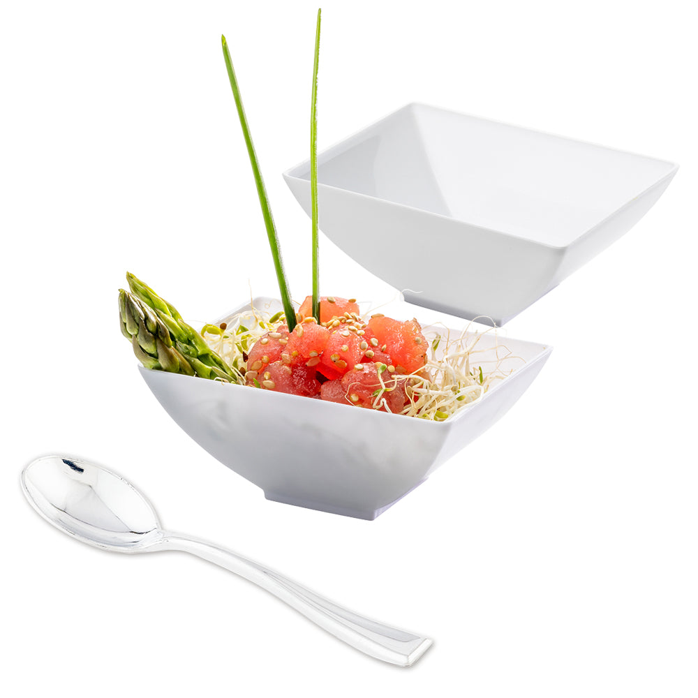 100-Pack 3 oz Rectangle White Plastic Small Architetto Bowls with 100 Silver Mini Plastic Spoons - Perfect for Party Favors, Dessert Cups, and Catering Events