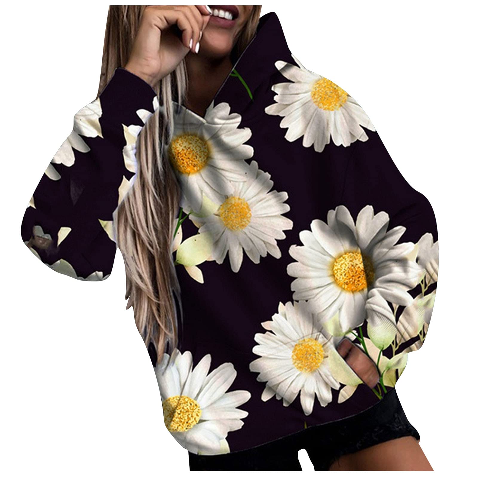 Women's Floral Print Hooded Sweatshirt - Loose Fit Long Sleeve Pullover Hoodie with Pocket | Casual Wear, Street Style & Loungewear for Everyday Comfort