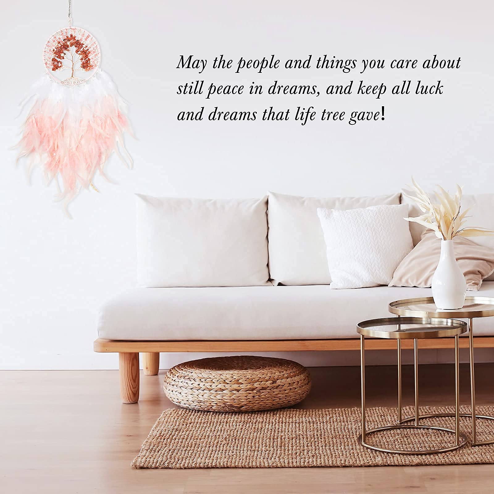 Handmade Pink Tree of Life Dream Catcher with Healing Crystals & Feathers - 25.6 Inch Wall Hanging Decor for Bedroom, Living Room, Wedding & Party | Boho Home Decor, Spiritual Gift, Meditation Space Accent