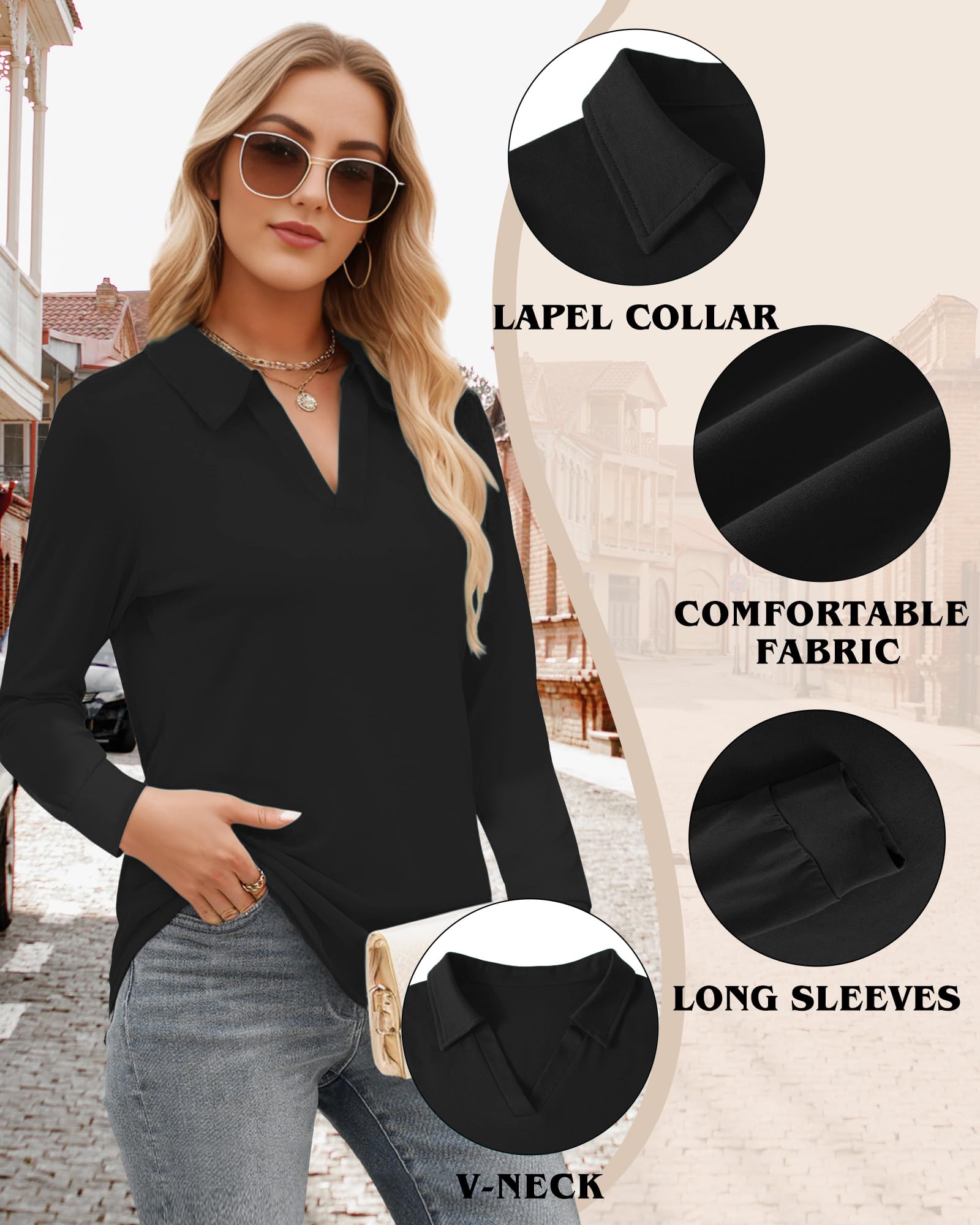 Women's Polo Shirts - V-Neck Business Casual Tops & Collared Tunic Blouses with Long Sleeves | Perfect for Office Wear, Business Meetings & Smart Casual Outfits