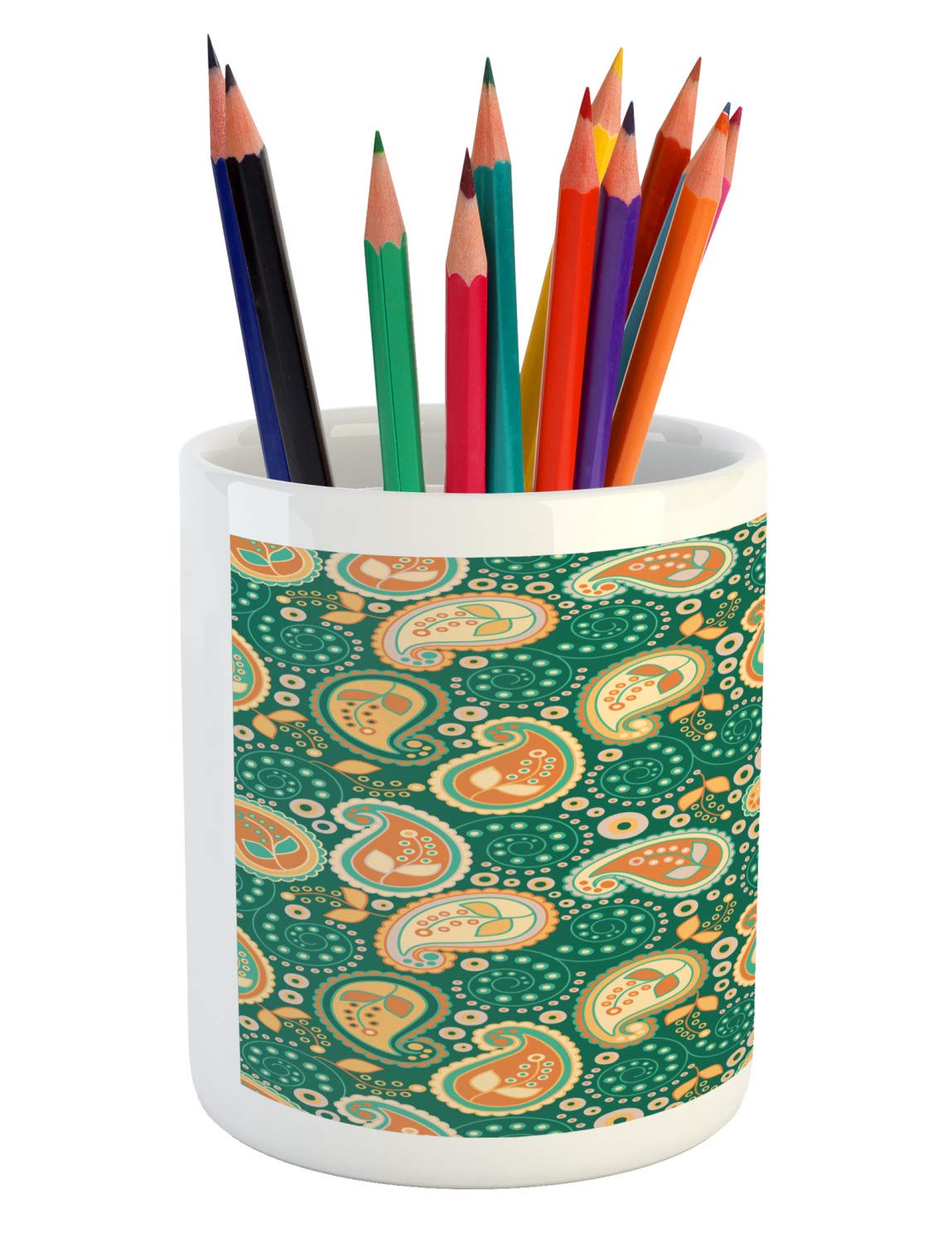 Ambesonne Ethnic Ceramic Pencil Holder - Folkloric Paisley Leaves Floral Design for Desk & Office Organization | Home & Office Decor Accessory in Apricot Hunter Green | Perfect for Writers, Students & Professionals