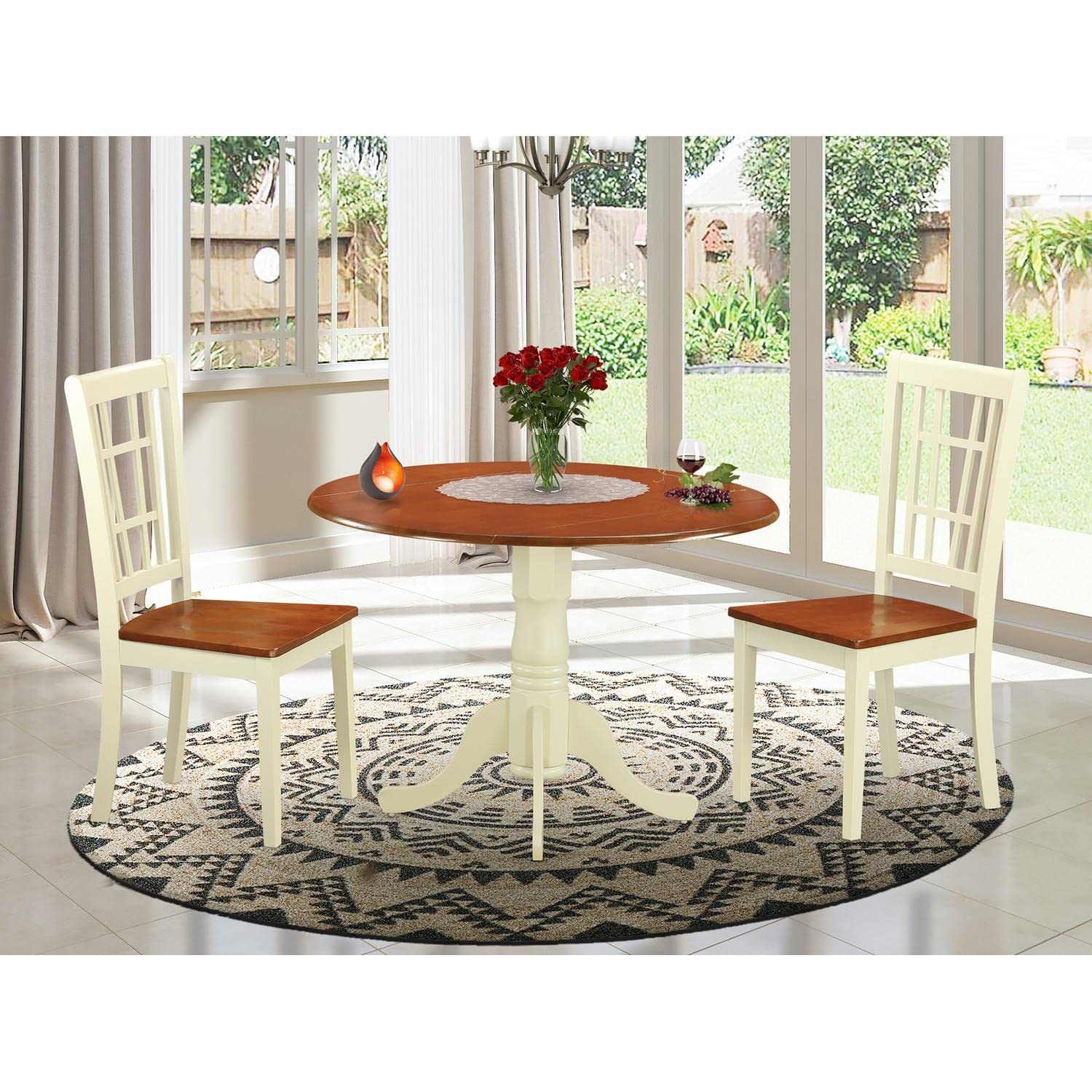 East West Furniture DLNI3-BMK-W 3-Piece Dining Room Set - 42x42 Inch Round Drop Leaf Kitchen Table with 2 Chairs in Buttermilk & Cherry - Perfect for Small Spaces, Breakfast Nooks & Cozy Apartments