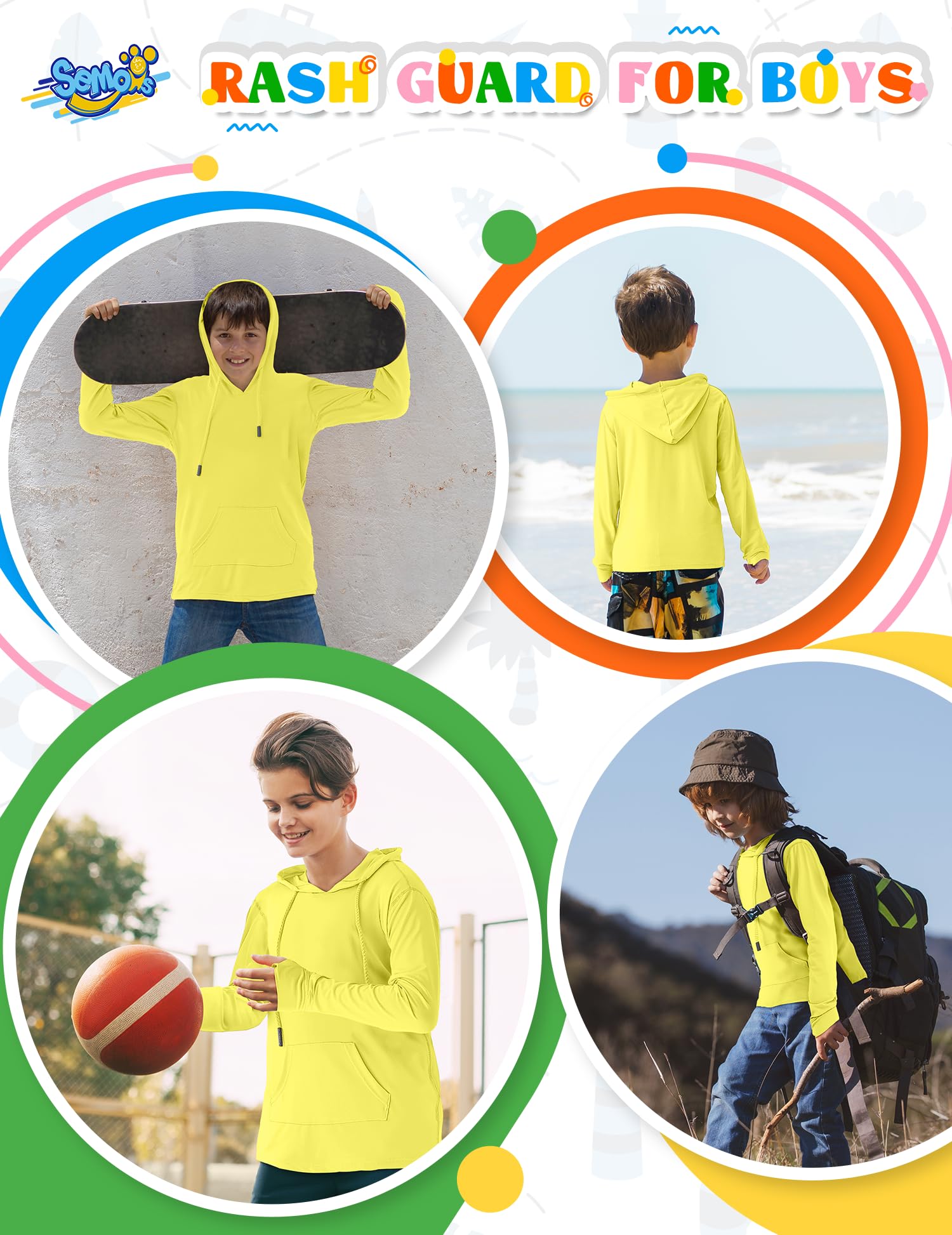 UPF 50+ Boys Rash Guard Swim Shirt - Sun Protection Long Sleeve Hoodie for Kids Fishing, Beach & Watersports with Pocket - Perfect for Swimming, Surfing and Outdoor Summer Activities