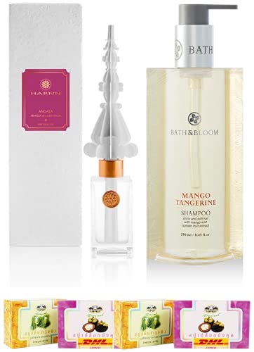 Harnn Angara Mimosa & Cardamom Bath & Bloom Mango Tangerine Shampoo Set A04 | Natural Hair Care for Dry & Damaged Hair | Luxury Aromatherapy Shower Experience | DHL Express Shipping by Thaigiftshop [Free Tomato Facial Mask Included] | Perfect for Spa Days & Self-Care Routines