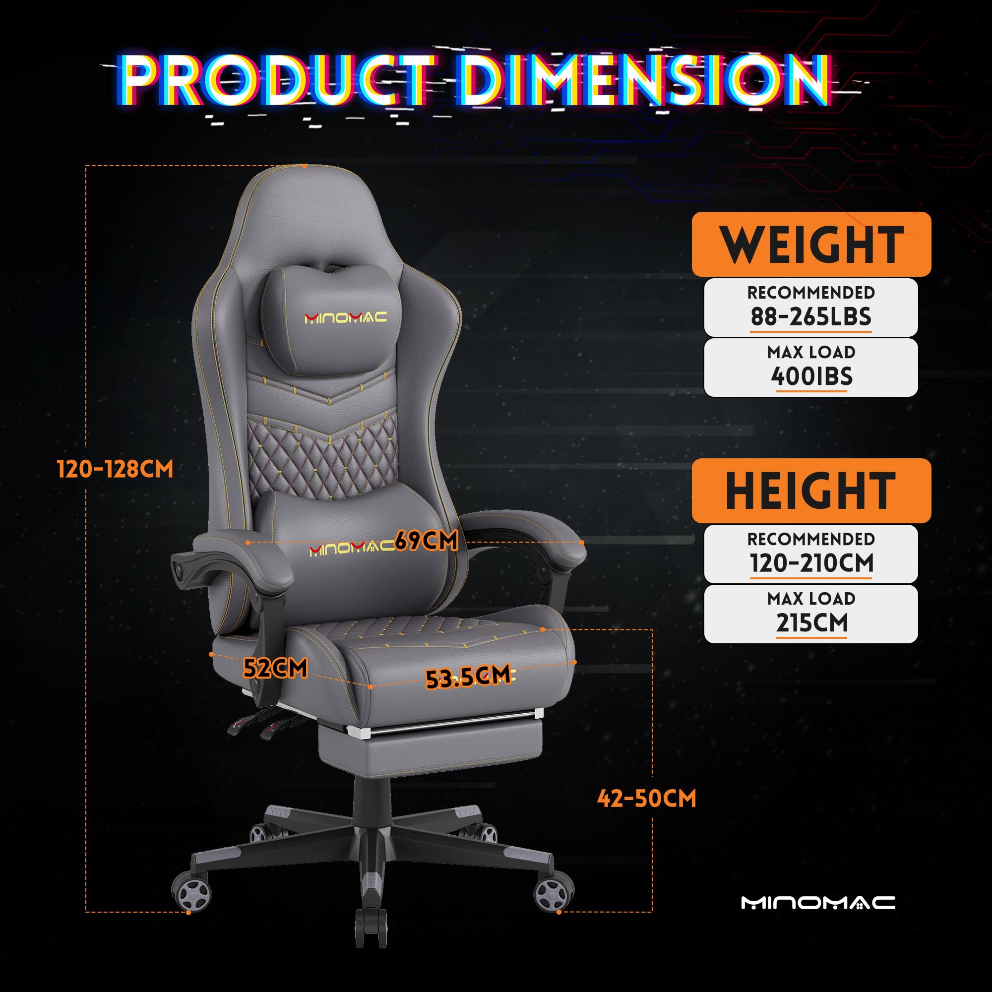 Premium Ergonomic Gaming Chair with Adjustable Footrest & Lumbar Support - 400lbs Weight Capacity, Breathable PU Leather, 155° Reclining Computer Chair for Adults (Grey) - Perfect for Long Gaming Sessions, Home Office & Esports Tournaments