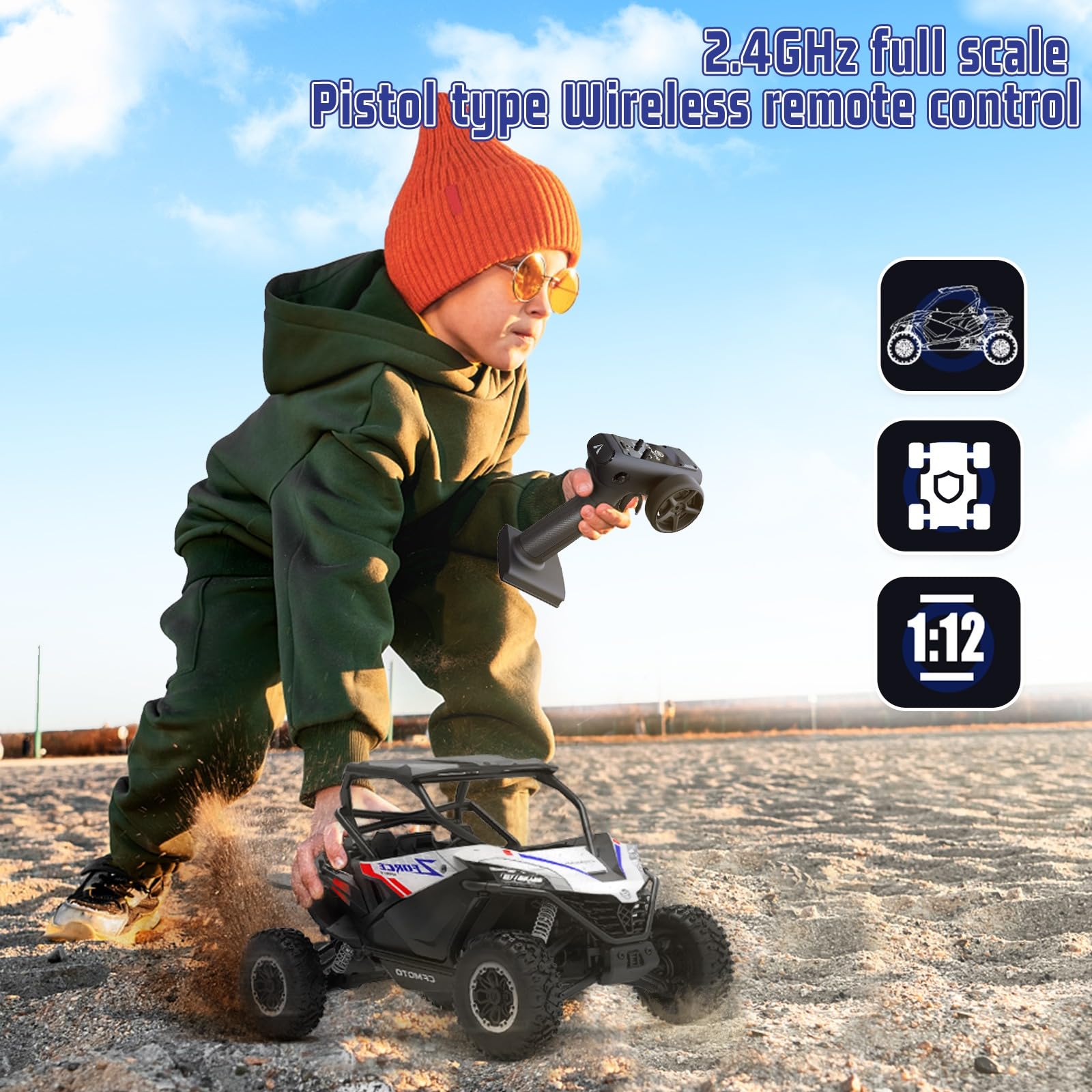 1:12 Scale Spobo 4WD Electric RC Crawler Car - All Terrain Remote Control Vehicle with LED Lights & 3 Speed Modes - Includes 2 Batteries - Perfect Off-Road Toy Gift for Boys, Girls & Adults - Great for Backyard Adventures, Trail Crawling & Outdoor Play