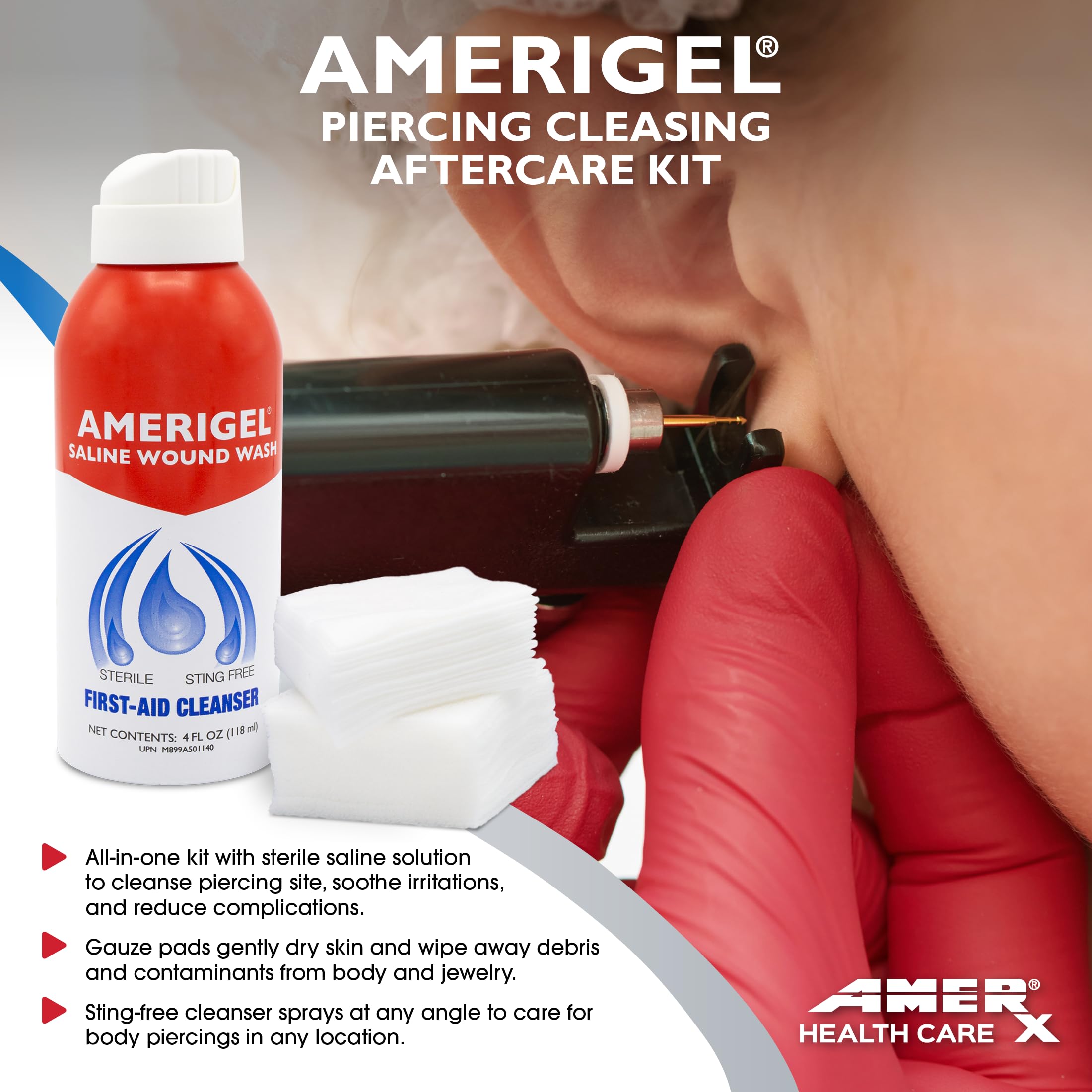 AMERIGEL Piercing Aftercare Kit - Sterile Saline Wound Wash (4 oz) & 30 Sterile 2x2