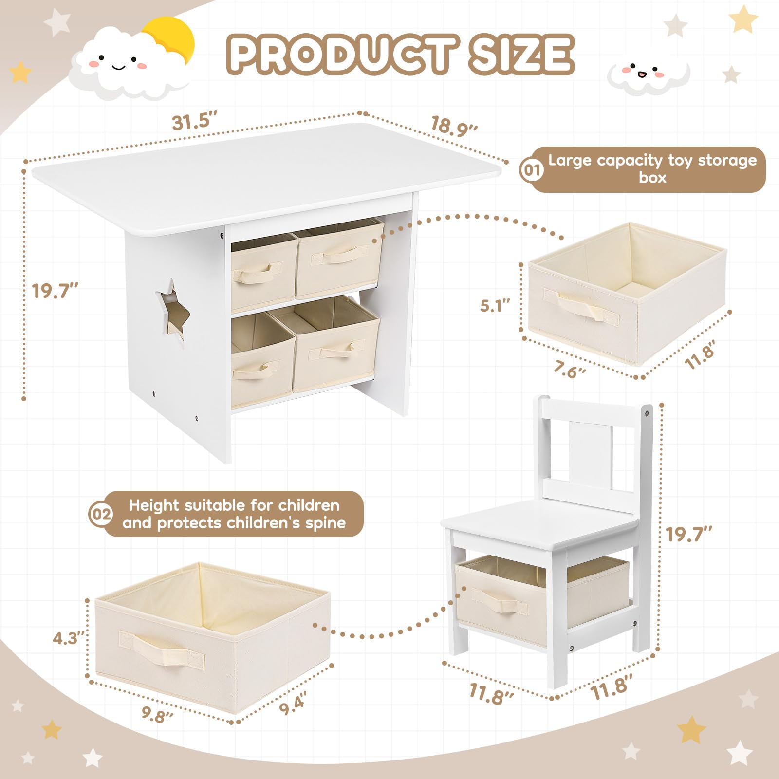 Wooden Kids Table and Chair Set with 6 Storage Bins - Toddler Furniture Set (2 Chairs Included) - Water Resistant & Easy to Clean - Perfect Gift for Boys & Girls - White - Ideal for Playroom, Classroom, or Home Learning Activities