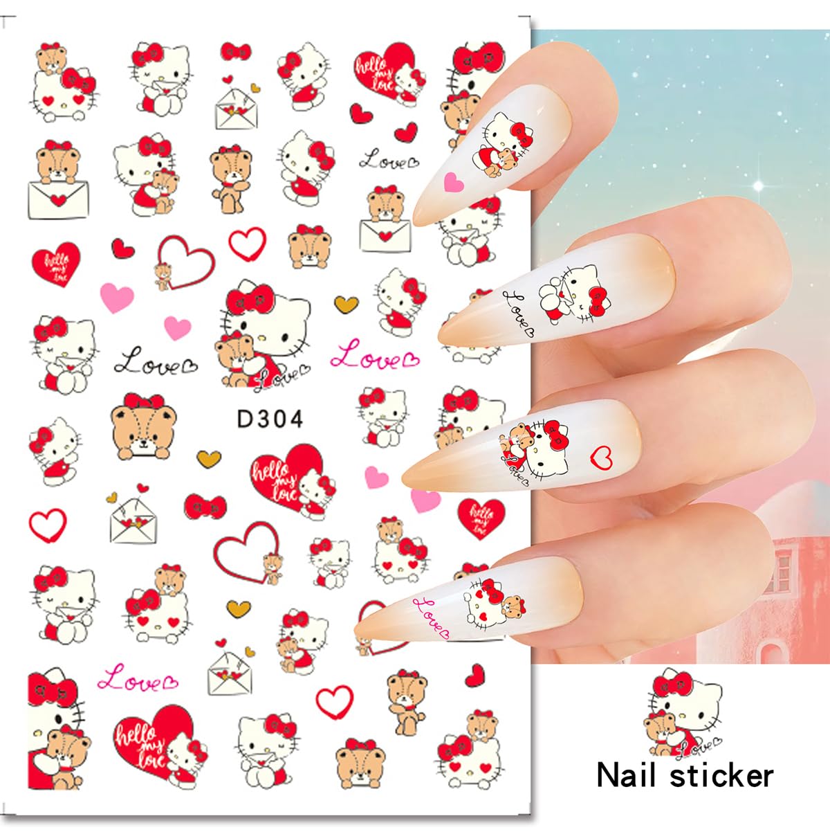 3D Nail Stickers for Valentine's Day - 8 Sheets Cute Cat & Heart Nail Art Designs for Women & Girls | DIY Manicure Decals for Parties, Date Nights & Special Occasions
