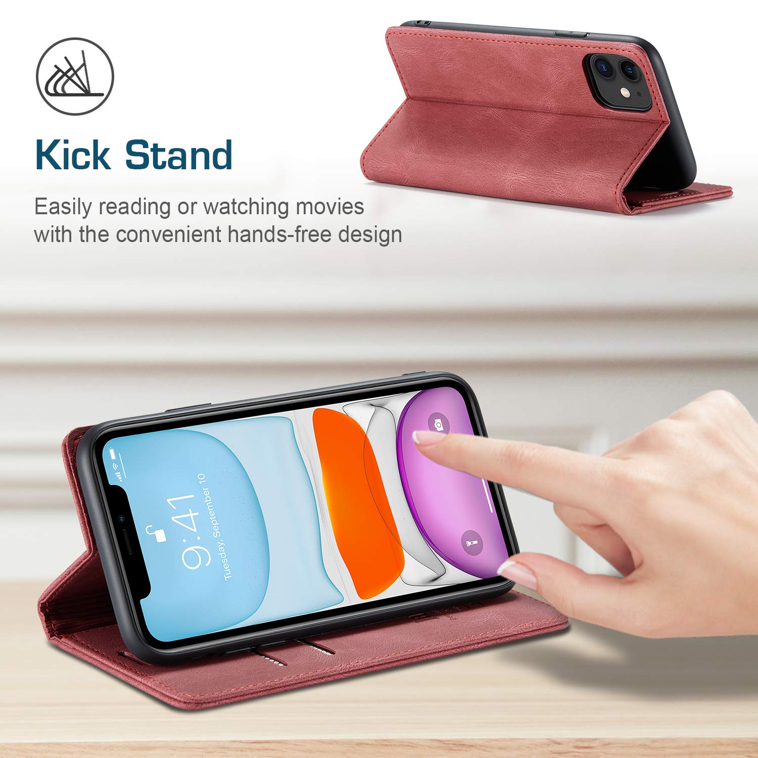 Premium iPhone 11 Leather Wallet Case with RFID Blocking Card Holder & Kickstand - 6.1 Inch Protective Flip Cover for Women (Wine Red) | Perfect for Travel, Work & Everyday Use