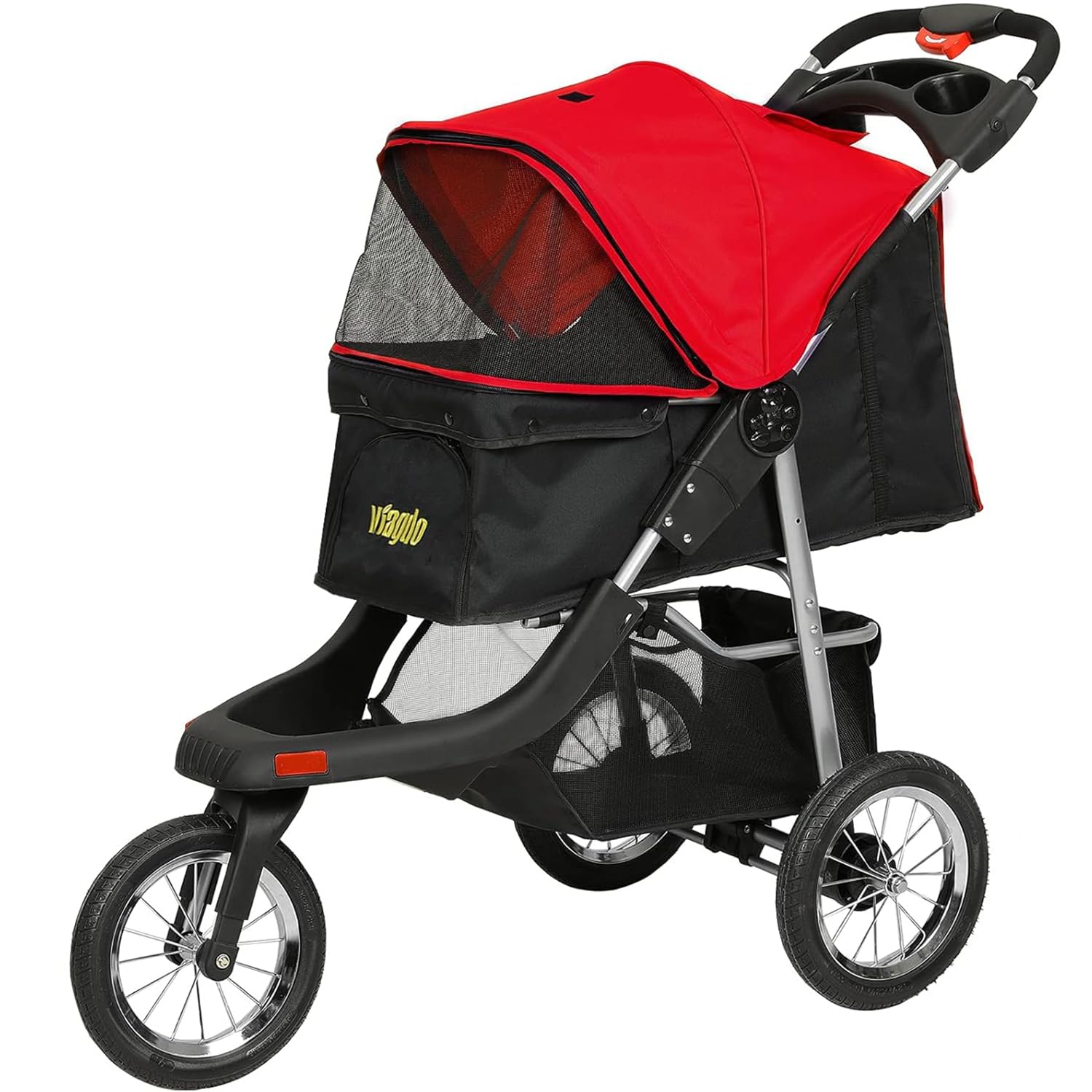 VIAGDO Heavy Duty 3-Wheel Pet Stroller for Small & Medium Dogs & Cats - Foldable Design with Suspension System, Link Brake & One-Hand Fold - Supports Up to 55 lbs (Black/Red) - Perfect for Vet Visits, Shopping & Outdoor Adventures